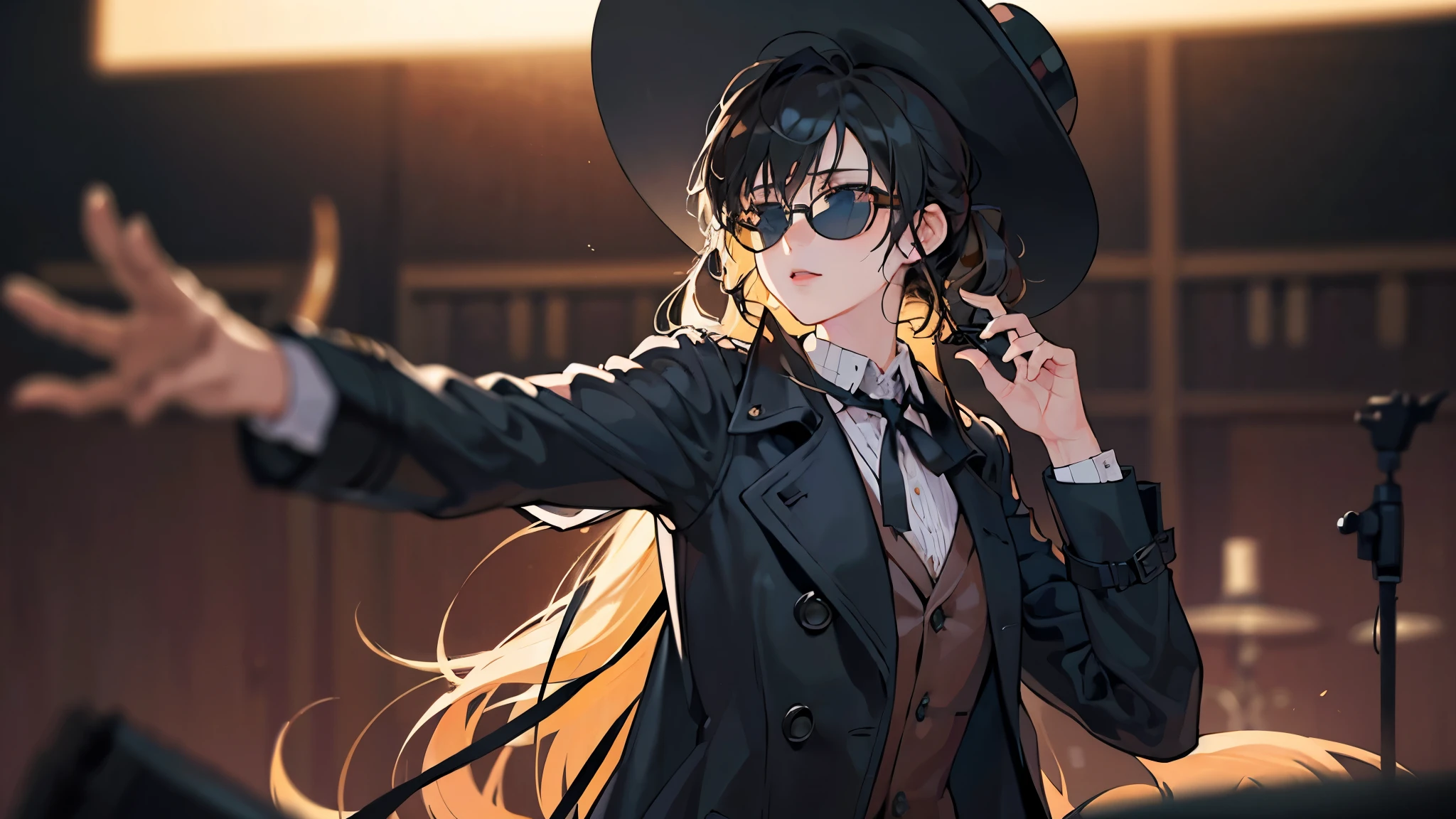brownhair,green eye,Black coat,Gold monocle,drinking tea,In London,serious,shojo,Black top hat