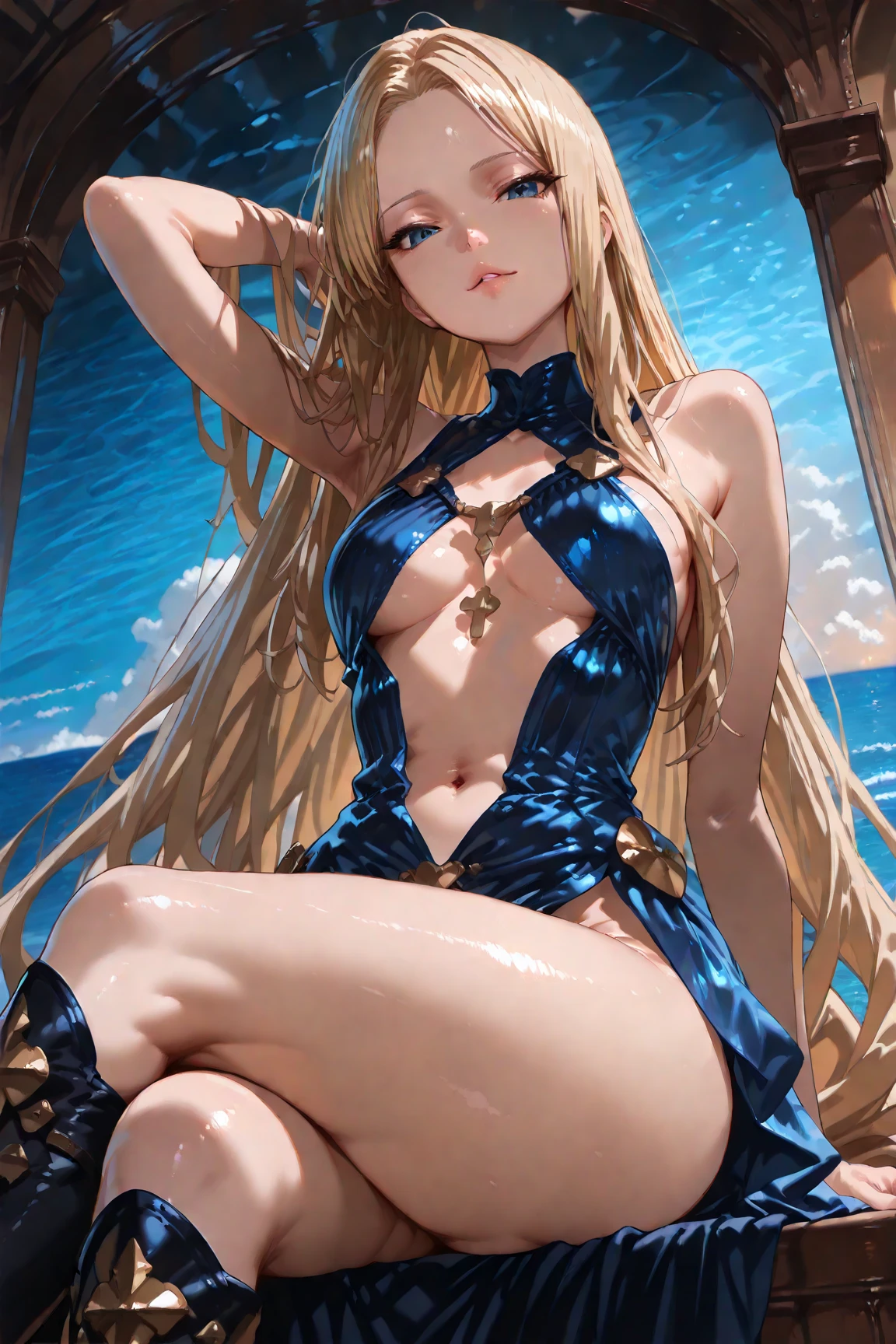((1 europian girl)), (in the center:1.4), cute girl, 22 years old, (bronde long hair), beautiful detailed brown eyes, medium breasts, sitting on a rock, (happy),masterpiece, best quality,perfect face,lying on the ground,uncensored, spread legs, pussy juice, realspreadpussy,from front,short hair,huge breast,cute pink nipples,looking at viewer