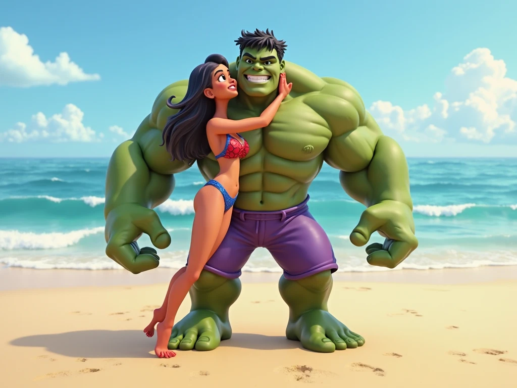 Hulk wearing bikini and fighting with black widow at beach