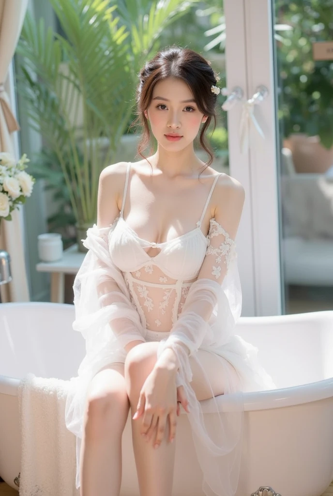 (((The whole body of the Greek goddess Aphrodite))),((wearing a shawl and a dress of white fabric)))),(Inner thigh))),(side breast),((cleavage),ulzzang-6500-v1.1, (Raw photo: 1.2), (Photorealistic: 1.4), beautiful detailed girl, highly detailed eyes and face, beautiful detailed eyes, ultra detailed, high resolution, best quality, masterpiece, very detailed, 8k wallpaper, fantastic, fine detail, best quality, light on face,movie lighting,1 girl,(hanging garden made of bc marble),blush,pretty eyes,smile,open mouth