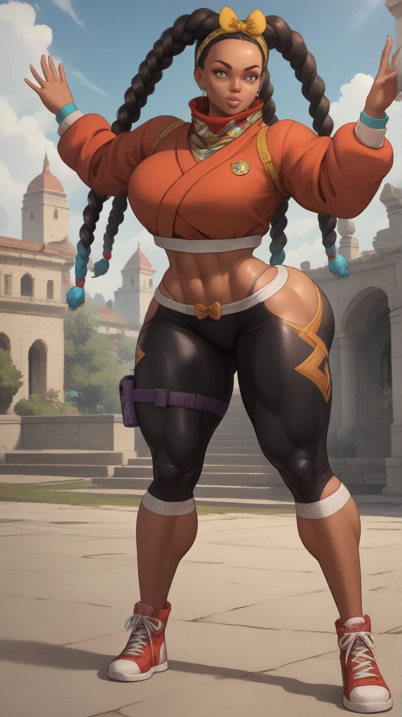 (solo:1.1),(masterpiece), (best quality:1.3), ultra detailed, intricate, professional art, digital art, absurdres, Kimberly, 1girl, solo, black hair, braided hair, long braids, two tone hair, slender body type, head proportionately sized to body, long legs, abs, full lips, beestung lips, African American, dark brown eyes, gold hoop earrings, smile, hair tie, dark brown skin, (dark brown skin:1.4), red underpants, Boxer Briefs, red short sleeved crop top, puffy sleeves, fingerless gloves, bandana scarf, medium breasts, wide hips, thick thighs, full lips, futanari, detailed thighs, genitalia outline on clothing, male genitalia, huge bulge, detailed male genitalia outline, erection under clothes, huge crotch bulge, detailed genitalia outline, BREAK, locker room, standing pose, BREAK frontal view, universal lighting, BREAK
