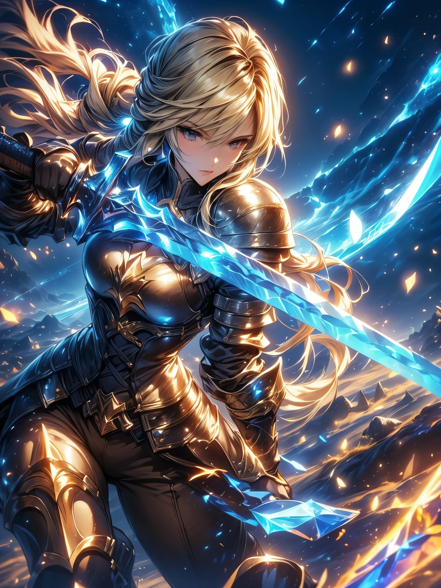 (Agrias Oaks\(Final Fantasy Tactics\) , score_9 , score_8_Excellent , score_7_Excellent , 32K , detailed description 、 A Girl Holding a Sword Destroys , Luxurious Sword , blonde hair , braided ponytail , brown eyes , shoulder armor , armor , corset before dildos insertion , (brown pants:1 . 3) , Knee pads , blue dress , brown gloves , pants , Cross Race Boots , Big Breasts , combat posture , dynamic angle , (\(Become , European Sword , , glows blue\):1 . 4)\) , (Holding a straight sword , a blue aura shining from her whole body) , Picture of a Female Paladin , Destruction of animated fantasy art , background\ long hit , dynamic angle , There's a giant crystal on the ground , 青い月と星のbackground , night sky , (alone:1 . 6 )(top quality)) , (Ultra High Definition) , (Super Detail)