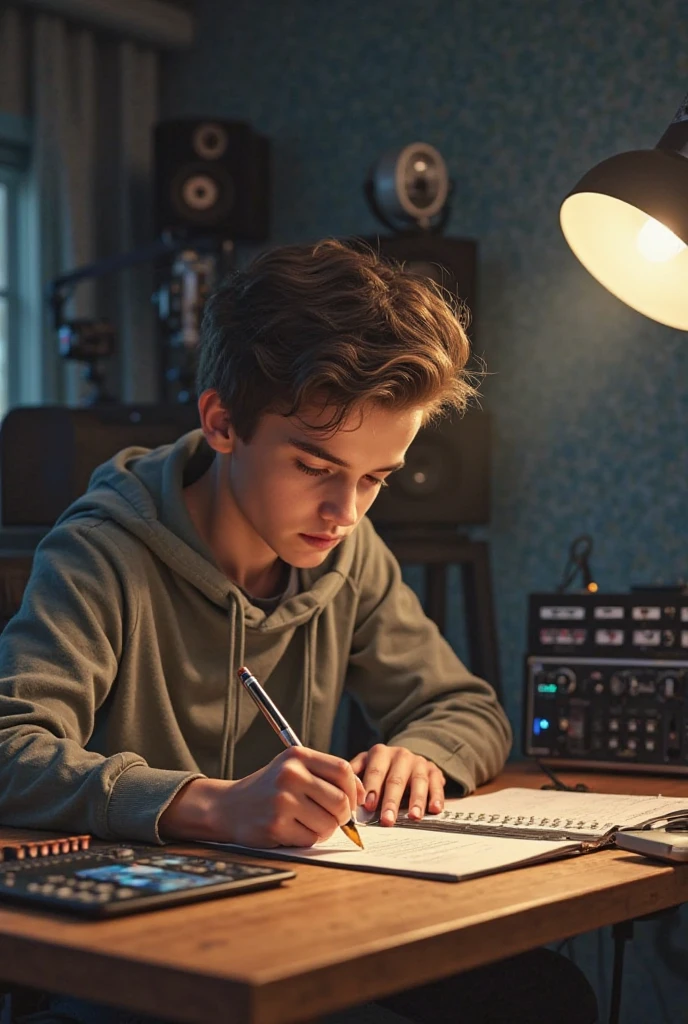 make a lofi drawing of a boy in his room studying with headphones