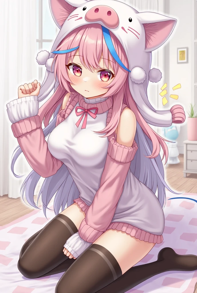 beautiful illustration, best quality, cute girl, bedroom, pastel color, fluffy bunny ears, , silver long hair, rabbit stuffed toy, bright lighting, light pink eyes, no clothing, light pink swimsuit, cameltoe full in sight