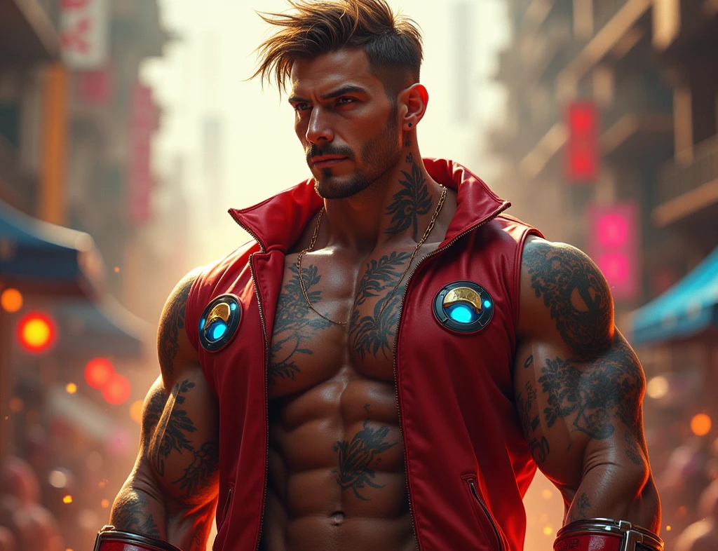 a muscular handsome man, dark red suit, bare muscular chest, black hair, sexy expression, perfect detailed face, tattooed chest, hyper realistic, 8k, high contrast,
