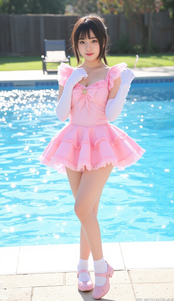 masterpiece, Highest quality, Highly detailed CG Unity 8k wallpaper, (Closeup shot of the upper body head of a beautiful girl), , Elegant long straight blonde hair, (Mckenna Grace), (Flat Chest,Thighs), (pink yellow) Golden (Sparkly tutu,long rabbit ears headgear, , bow tie, No pants, Genitals are visible), (Spread your legs), (blush), Oilskin, (Captivating smile), (Wonderland), Pretty face, Key Art, Awards, intricate detail realism hdr, by (Luan Jia, Altgerm and Range Murata), Photorealism, Hyperrealism, Ultra-realistic, Dramatic Light, Strong Shadows, Nice views, Depth of written boundary,A clear crotch bite、Well defined nipples、Nipples are visible、Ultra high leg