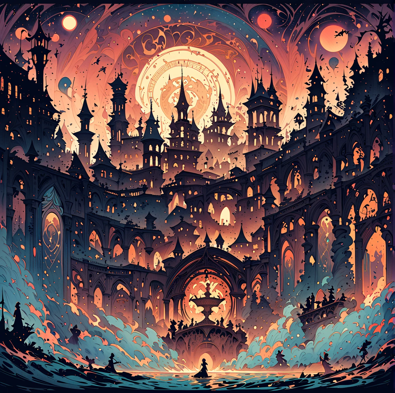 (((fantasy ink splatter art:1.3))), skyline of a mysterious city, A fascinating beautiful landscape appears, Chaotic colorful lines ink strokes, Intricate detailing, Every stroke radiates an enchanting feeling, extraordinary creation, Whether ink painting or oil painting, Master stunning details, pure brilliance, eerie atmosphere