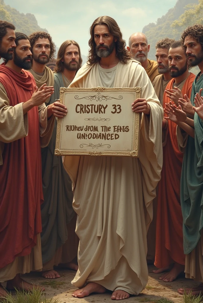 Jesus blessing union jacks and sausage rolls in a bakery. Two tattooed, sweaty, obese bald men with a greasy appearance are knelt before Jesus facing him with their heads bowed with one wearing the union jack over his shoulders. A slogan at the base of the picture with a St. George Flag theme states 'The Self-Righteous will inherit are cuntry'. In the backround a child holding a housebrick looks towards the three with an astonished face. 35mm photograph. Hyper realistic image