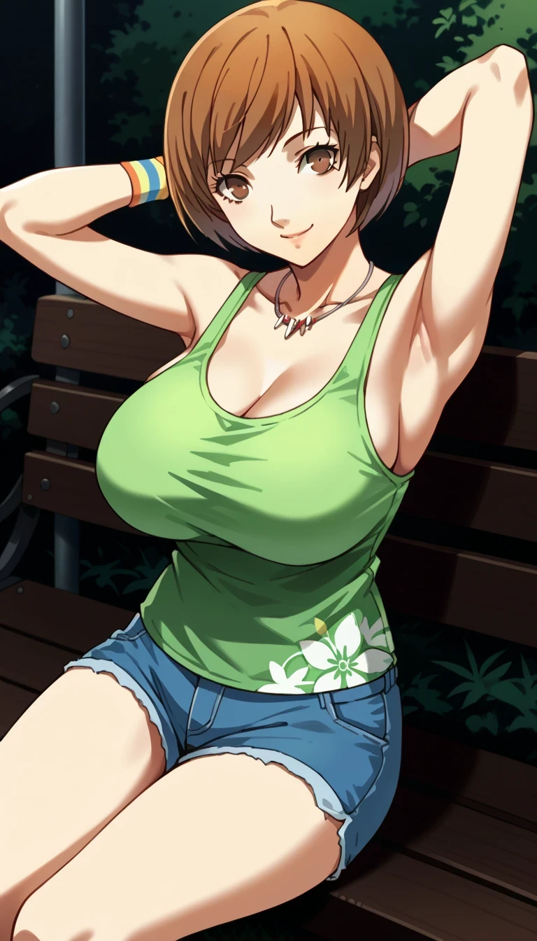 score_9, score_8_up, source_anime
1 girl, solo, cute face,
p4chie, satonaka chie, short hair, brown hair,
p4chie-sumcas, jewelry, necklace, tank top, green tank top, floral print, bare shoulders, collarbone, wristbands, multicolor wristbands, short shorts, blue shorts,
outdoors, park, sitting, bench, smile, hands behind head, looking at viewer,
masterpiece, best quality, ultra detailed,gigantic breasts,dynamic angle