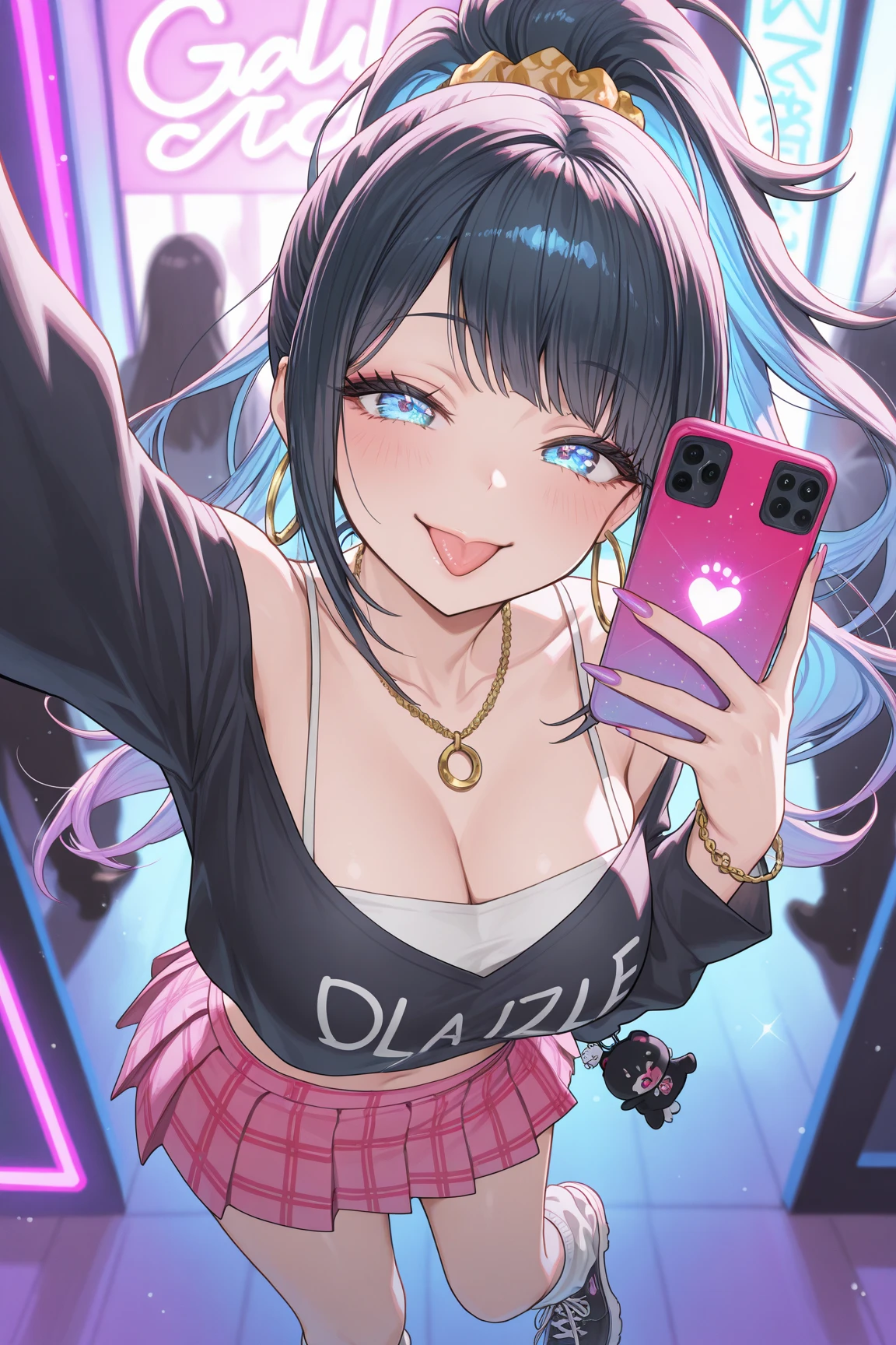 girl,((selfie:1.3)),B-style fashion that shows cleavage,Dowel Dabo Hoodie,modest chest,smile,close up of face