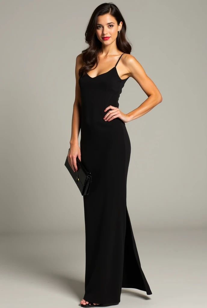1920s femme fatale, elegantly dressed in a sleek black floor-length gown with a plunging neckline and intricate beading, short wavy bobbed hair with a finger wave, bold dark red lipstick, exuding danger and seduction, pinup, full body shot, standing