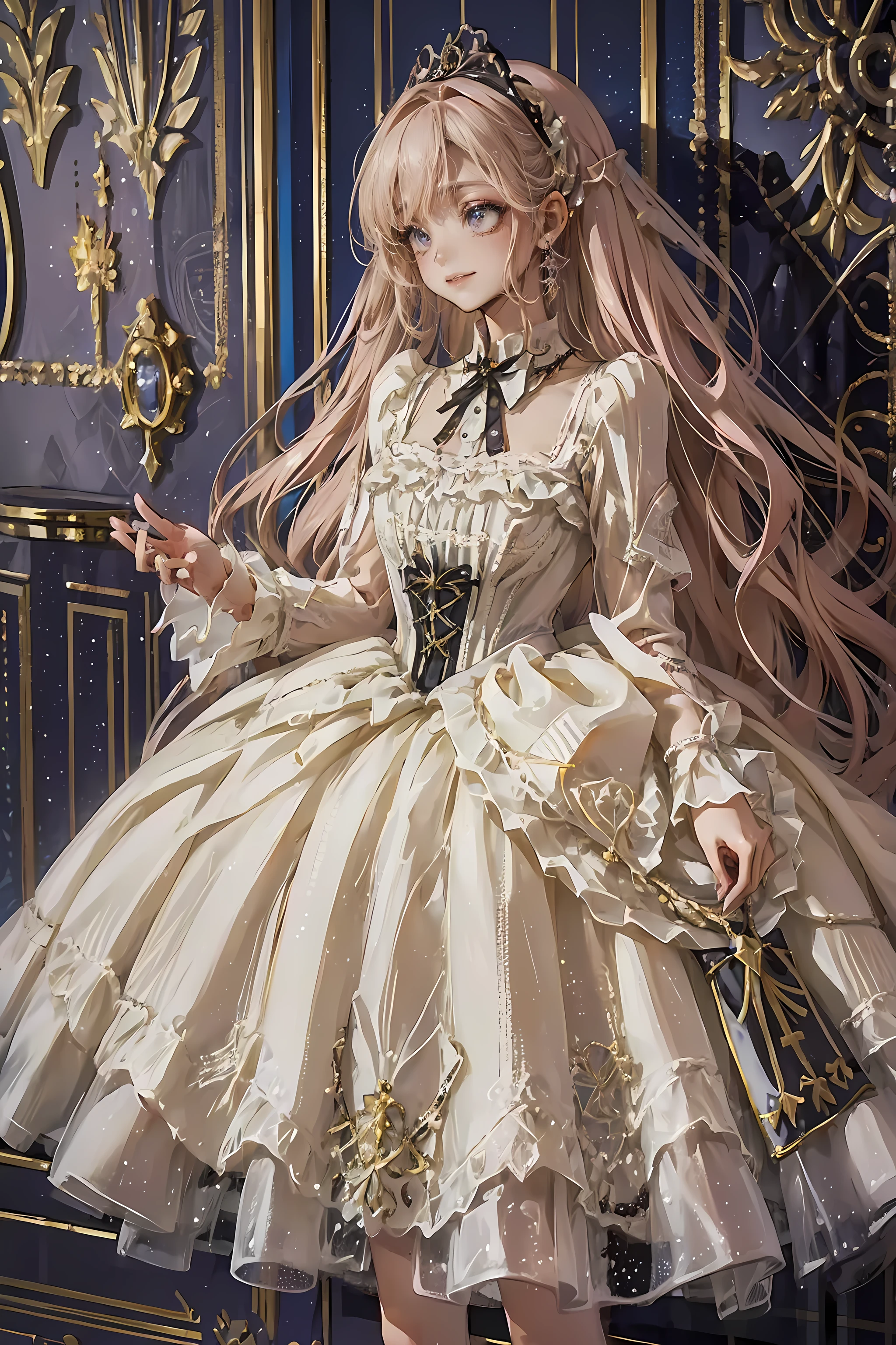(top quality,4K,high definition,masterpiece:1.2),is very well detailed,realistic:1.37,,、((pink dress)), ultra-realistic photo of a girl in a stately light pink and gold ballroom dress, Big beautiful dress, full of ruffles and rhinestones、intricate and voluminous ball gown (top quality, table top, Art Station, fantasy art :1.2), beautiful cute girl , (Long Blonde Curly:1.1), (Exquisite gold short skirt, full body shot )、 anime style、story、、beautiful girl、very cuteangel、Pink Gothic Dress、cute、baby face、smile、long skirt、,black long boots、top quality, masterpiece, 最high definition, artwork, super それにGet used to it, many Get used to it, Get used to it, それにGet used to it, woman, ,((pink victorian luxury ball gown)),long dress, dresses with lots of ruffles and bows .. with a tiara on her head ,luxury,1 person, Pink Brown Hair ,pink eyes、Pink World,( Girl in Pink Princess Skirt ),PINK HAIR,pink bedroom layout,pink bed, Pink Mosquito Net ,Pink furniture, Hardcore BDSM Style ,(tangled, Mandala, Tangle, enTangle:0.6),(Make art),most beautiful chaotic shape,Beast Design, behind,pink high heels,perfect hands,