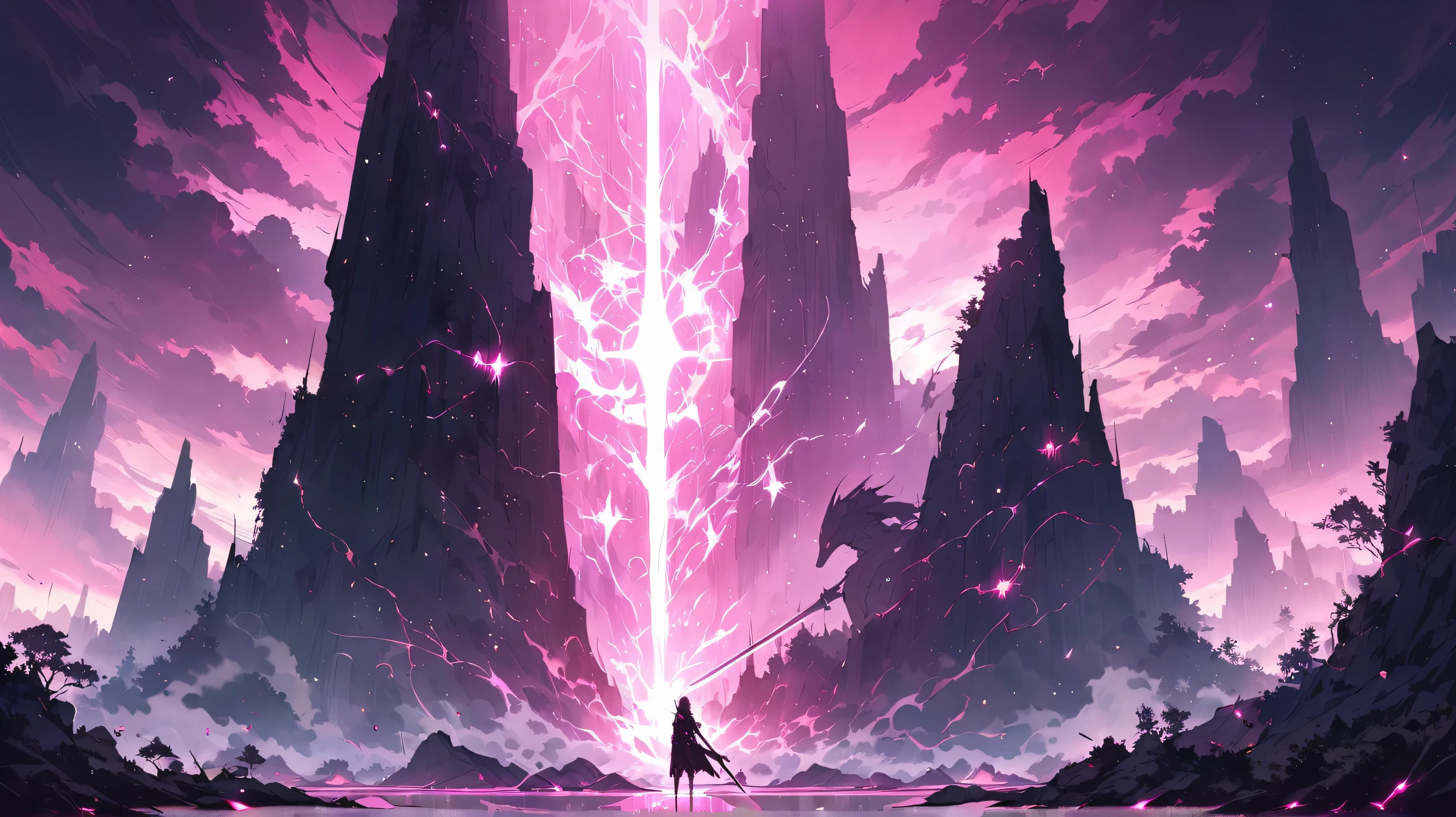 Looking view, ((full background scene)), standing environment, Source Anime, (Masterpiece), (Best Quality), (Very Detailed), ((Beautiful)), (Amazing), (Detailed)), 4K, (8K), Highest Quality, ultra-definition depiction, breathtaking atmosphere.
BREAK
A mystical battlefield bathed in soft pink light, with ancient stone ruins covered in glowing magical symbols. Ethereal mist drifts across the ground, illuminated by neon pink energy lines that pulse with power. A radiant sword stands embedded in the center, casting shimmering reflections on the surrounding metallic armor pieces. The air is filled with floating particles of light, enhancing the dreamlike quality of the scene. Lens flares and high-contrast lighting create an intense, otherworldly glow, while ASCII art elements subtly blend into the environment, adding a unique artistic touch.