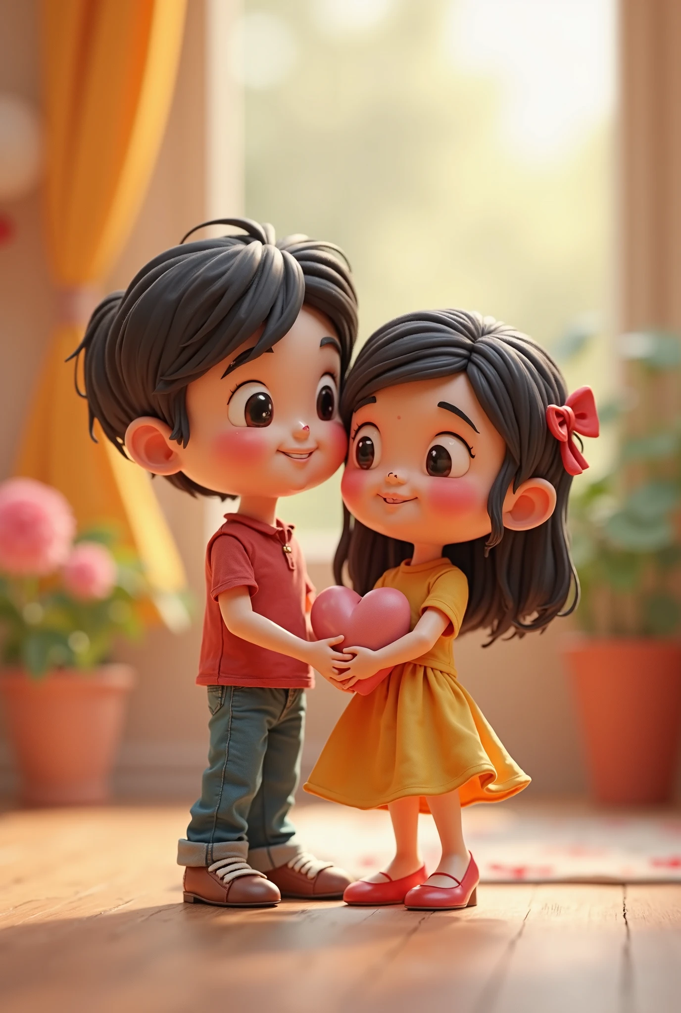 Imagine a charming and whimsical animated scene featuring a couple. Specifically, a boy with dark brown eyes and eyebrows and a girl, who is slightly shorter, with dark brown hair and blonde highlights. The boy is depicted hugging the girl from behind, both of them surrounded by a shower of colorful hearts. The artwork should be in a bold, vibrant, and playful style with a touch of magic, reminiscent of a certain popular 3D animation style.