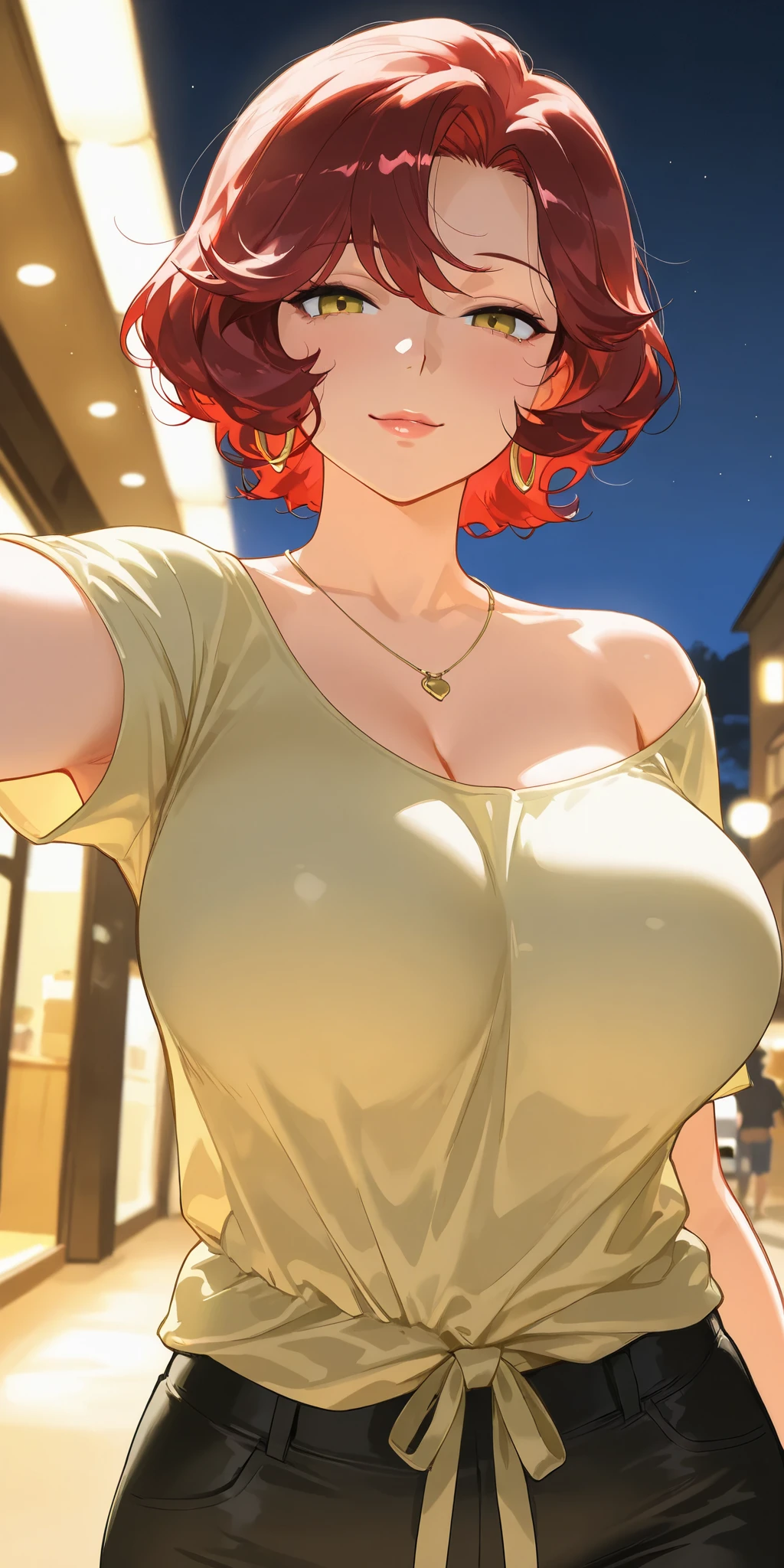mature woman, housewife, red hair, Short Hair, slightly wavy hair, casual wear, soft light, Night in the moonlight , the best quality , bitch, prostitute, whore, light yellow tshirt tops covered.