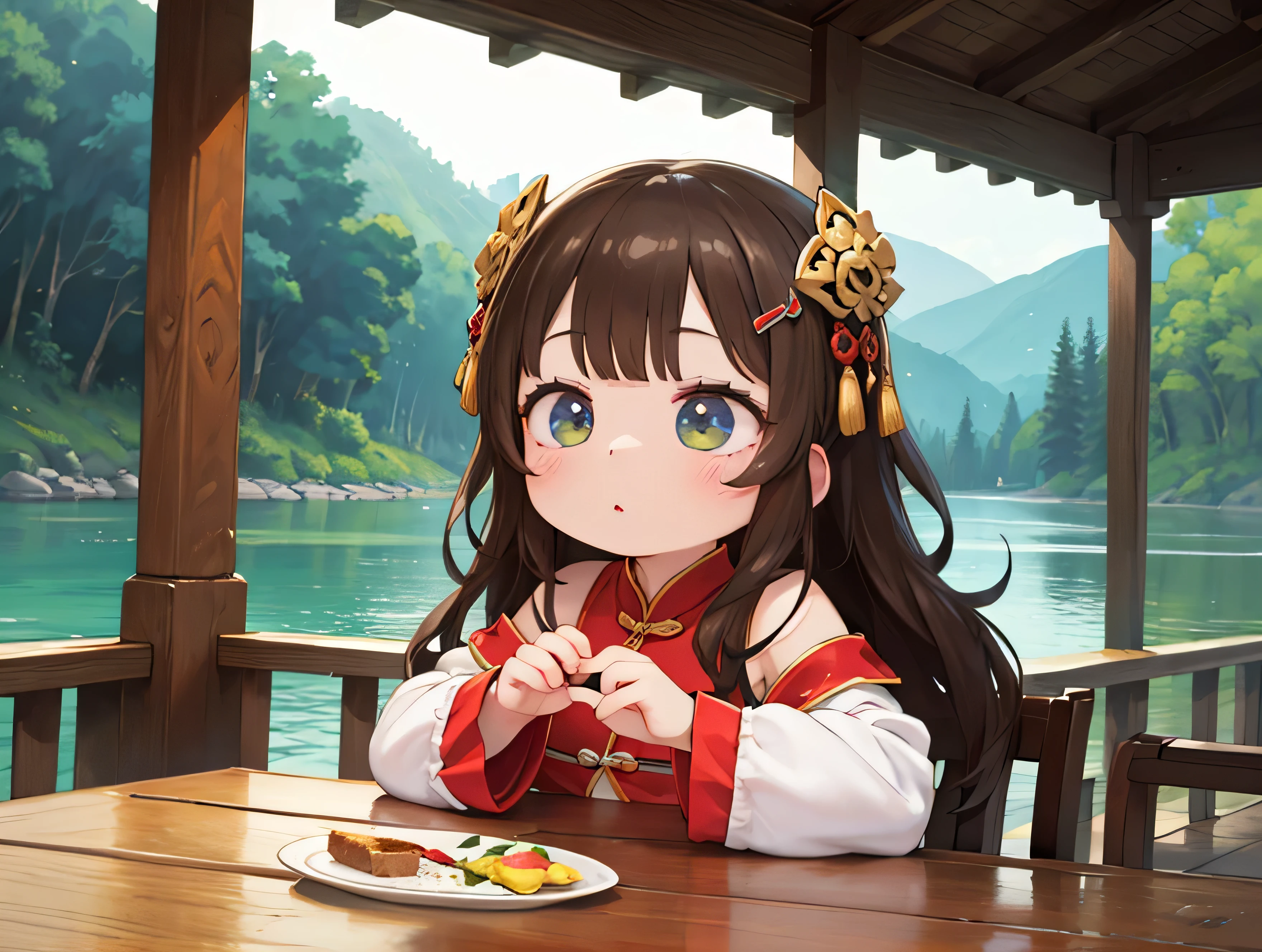 upper body 、 oil 、 masterpiece 、 top quality 、 high definition 、 、 long brown hair 、 jewel hairpins 、  、 riverside and rock or bridge 、 very flashy clothes、 sitting 、 (Song Dynasty 、 Song clothes:1.2 ) 、 、  pretty lady 、