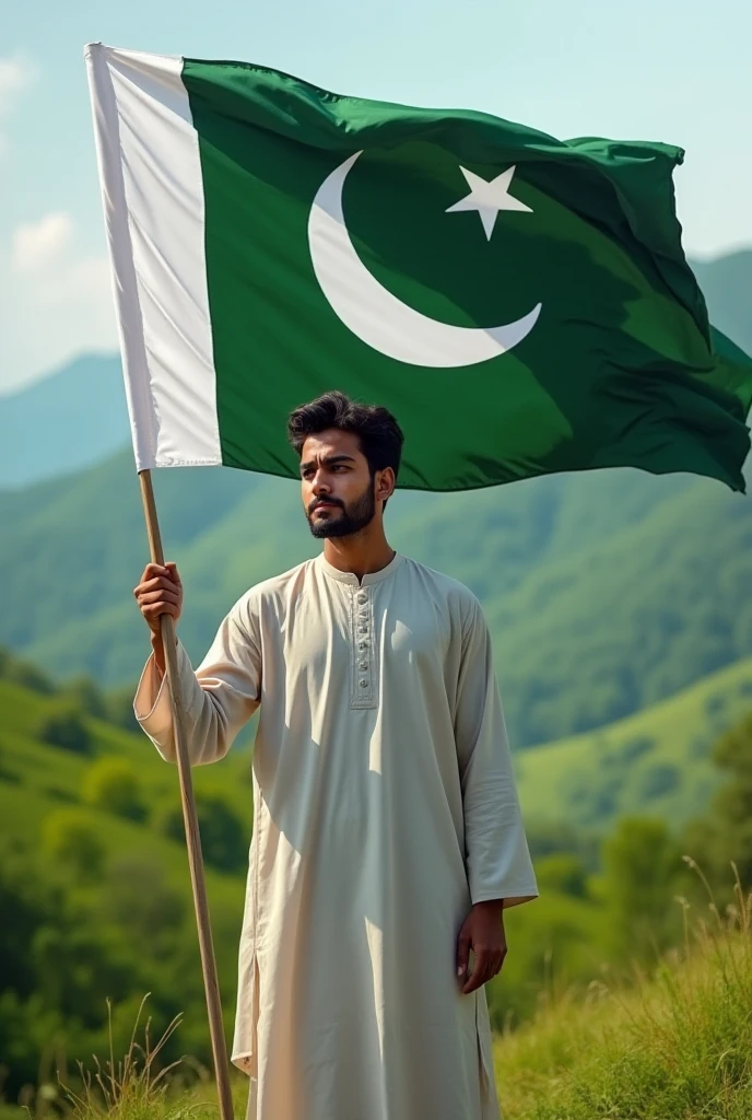 Generate a Realistic 30 years old boy, with nawaz sharif Wearing a shirt print is army pakistani flag and "asad" is written on his t-shirt and the boy is standing on the road with hand holding a national flag of Pakistan, and behind him is the Minar E Pakistan. And written on sky "Happy IndependenceDay" Create Realistic image high quality