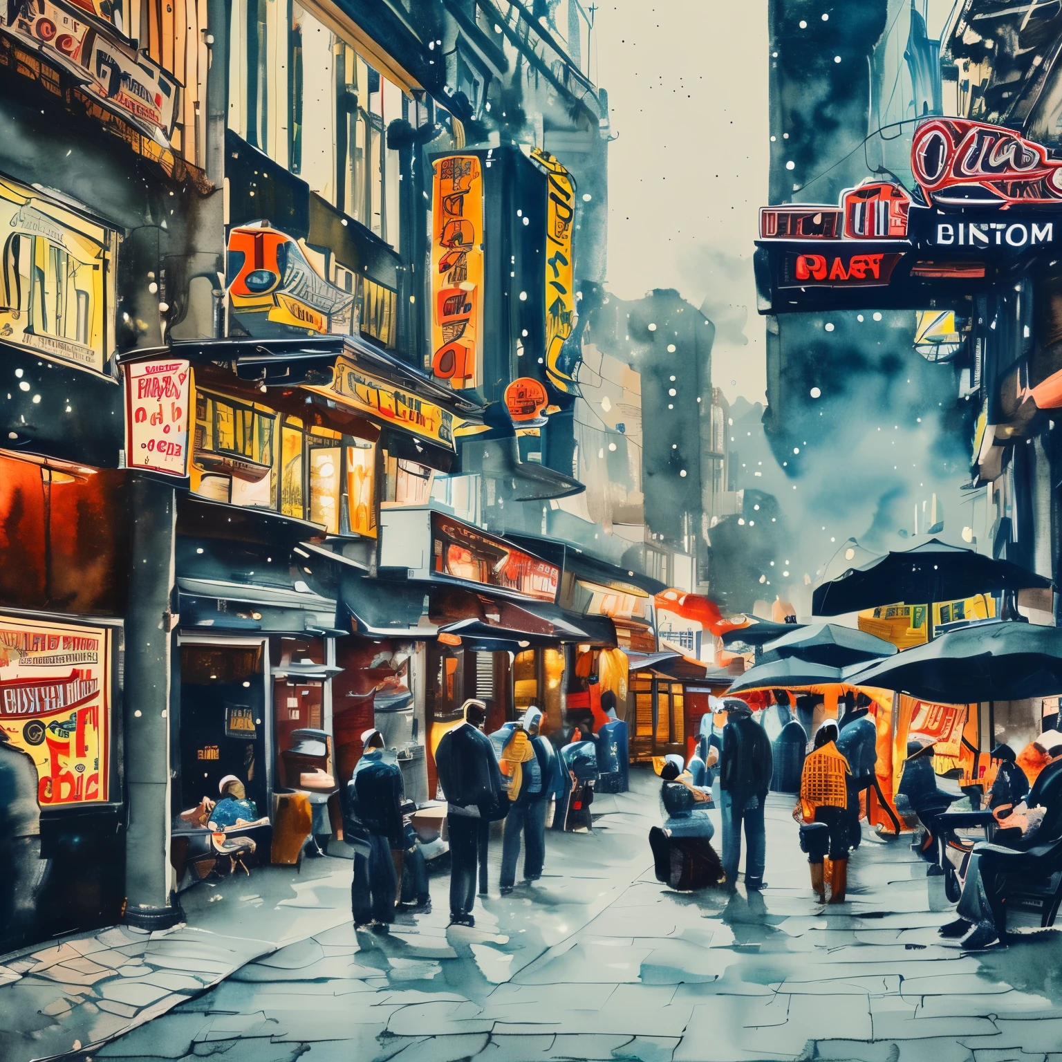 Detailed watercolor painting depicting a back alley bar district, realistic, photorealistic, complicated details, bright colors, warm lighting on both sides of the frame, atmosphere, Sulky, Rough, neon sign , Old Building, Narrow Street, People Drinking and Socializing 々, Steam from the Vent , Wet Pavements , Vibrant Nightlife , Best Quality, 8k, high definition, masterpiece