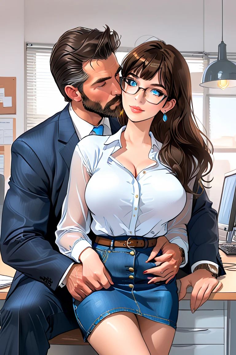 ((multiple medium thick body mature women age 40 American milf super model)) wearing long sleeve shirt dress cloth waist band, (show bare breasts and nipples hanging out, show thong panties)office, sit on big office chair, ((( 1woman standing bend over looking down, 1man sitting on office chair looking up at woman, breasts smothering face, quarter side view,))), smiling blushing,