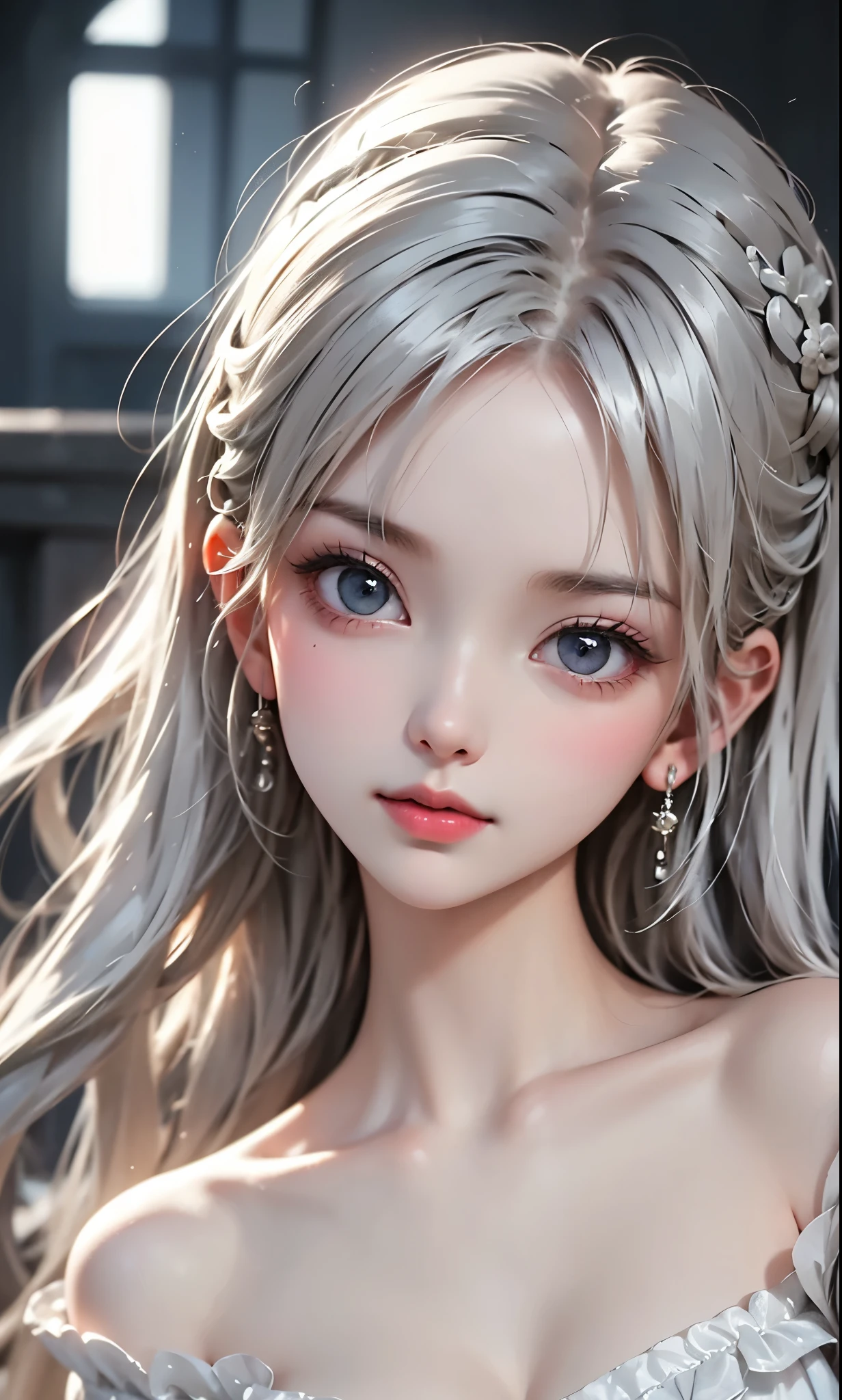 black and white color scheme, sexy girl ,immature , small,Silvery Curly Hair、portrait、