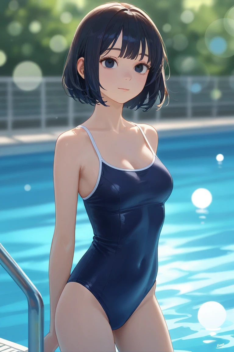 ((masterpiece,best quality,ultra detailed,high resolution)),(daytime,clear weather,bloom),((solo,woman)),looking viewer,(black hair,straight hair),(finely detailed skin,fair skin),slender,smile,(school swimsuit),(on the pool,beautiful sky),medium breast,from front,