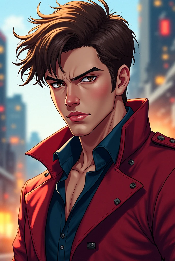 Human Male ,Adolescent , Black hair, wearing red shirt , Black Coat , Gloves ,
