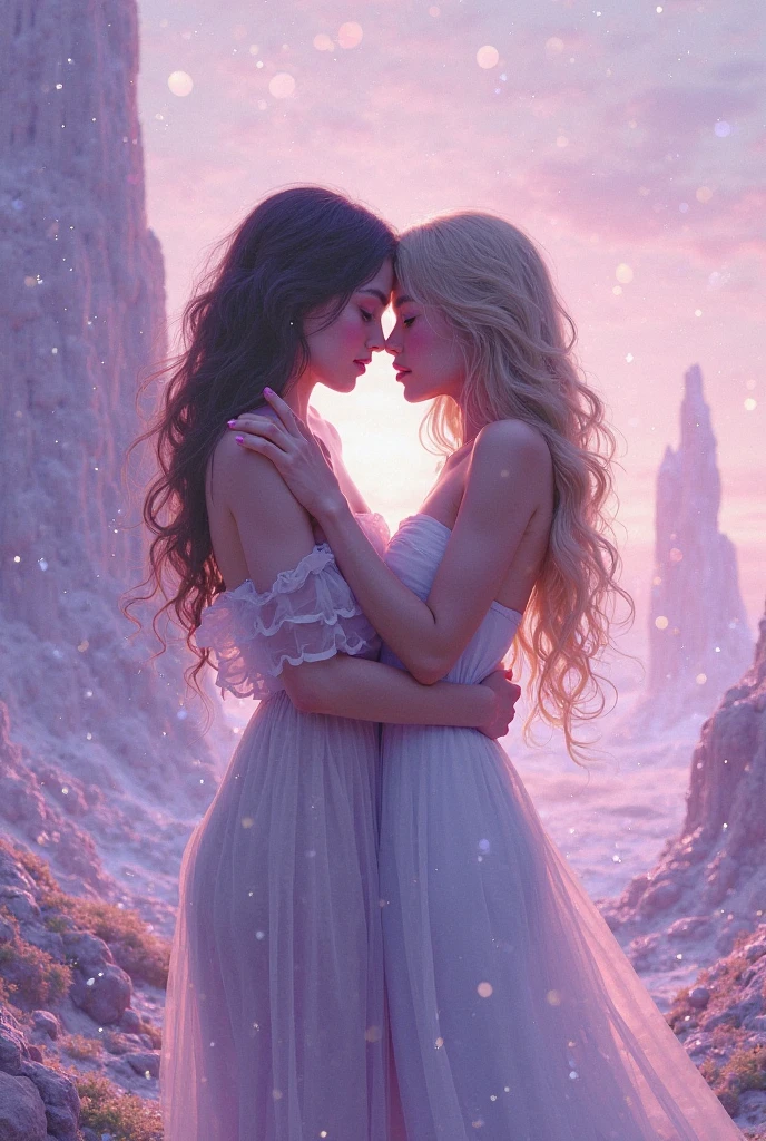 (masterpiece, highest quality, official art, beauty and aesthetic), photograph, perfect anatomy, two gorgeous and stunning dark-skinned or pale-skinned young girls are deeply in love with each other, kiss, perfect make-up, romantic atmosphere, snow and moon, magnificent panorama view