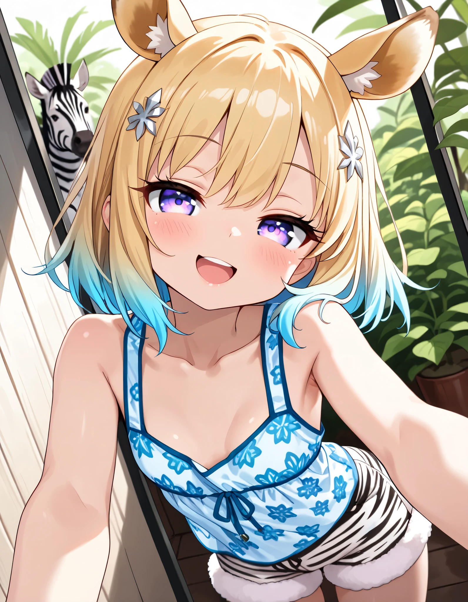 Body leaning forward Wheat-colored skin Playful seaside beauty Blue short double ponytail