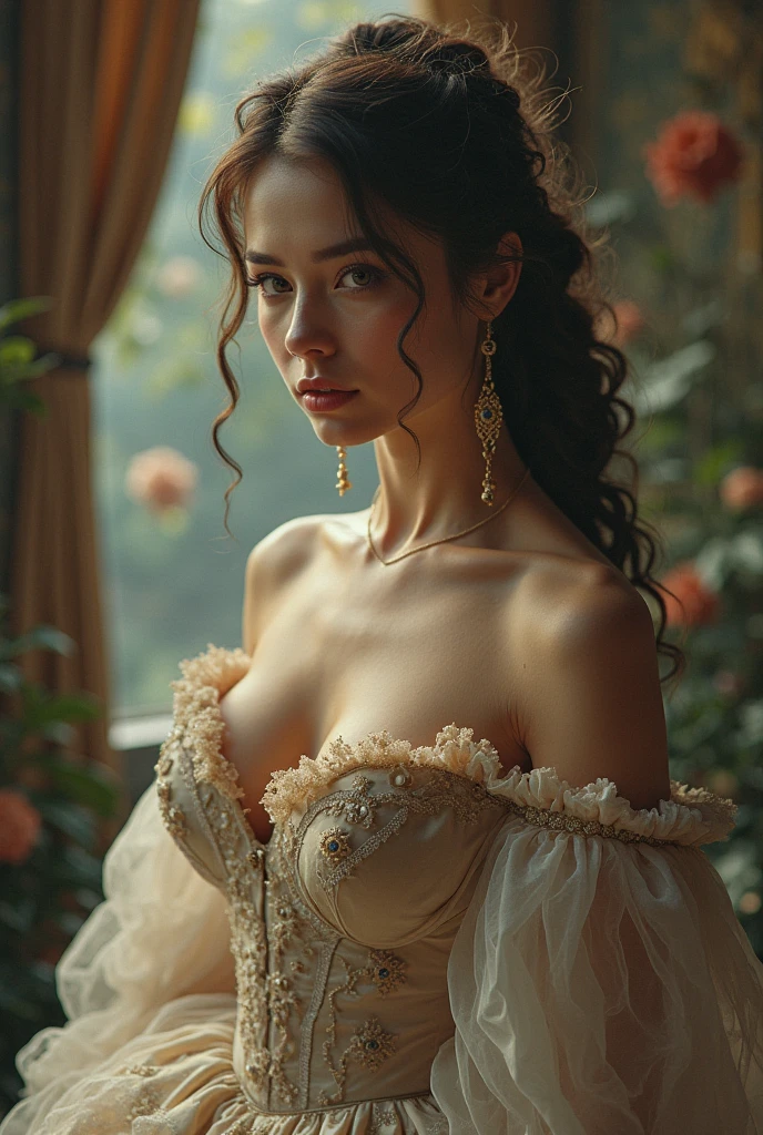 Famous Paintings,Noble daughter,white race,European and American face,(:1.4),young,Urban,Inside the room,Warm Background,Formal wear,Deep V-neck,High Ponytail,(small breasts are exposed:1.3),Pink areola,Gemstone Necklace,bracelet,It was scary, pink bow, jewelry, bow, heart brooch, choker, brooch, heart, earrings, hair pink bow