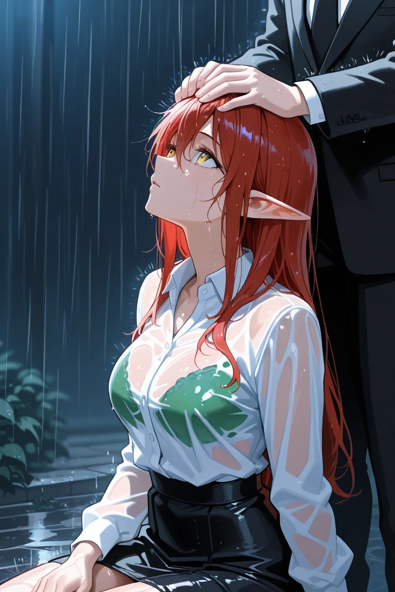 (masterpiece, best quality:1.5), (ultra detailed, high resolution, 8k, beautiful detailed, UHD, best anatomy), 1 cute elf, red hair, small breasts, business shirt, Flared skirt, Rain soaked my whole body and clothes, Wet from the rain, her underwear is showing through, A troubled expression, outdoors, taking shelter from rain, Bra