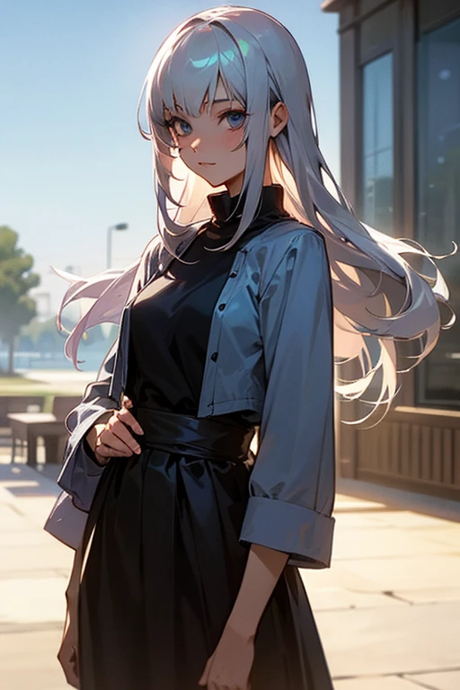 best qualityer, high resolution, 1 girl, hayasaka ai, standing alone, cabelo roxo, eyes browns, side ponytail, hair elastic, hair ornament, green elastic, hair between the eyes, breasts elegant clothes, bangss, blush, looking ahead at viewer 