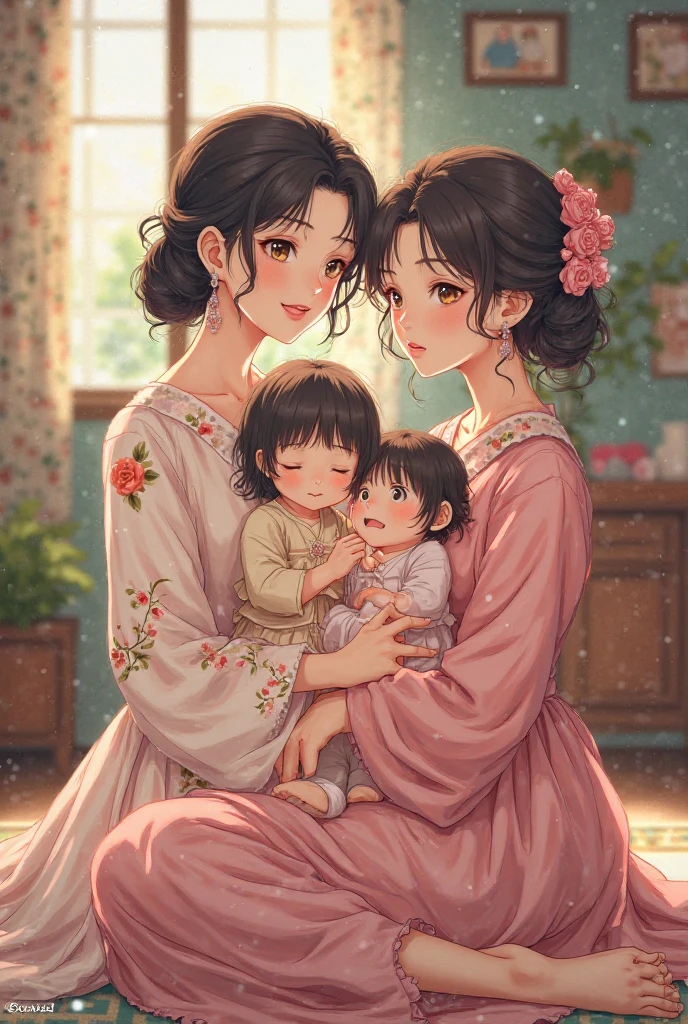 Ridiculous resolution,Highres,(A Masterpiece:1.4),hyperdetail,Ancient China,Young woman holding a baby boy with short black hair
