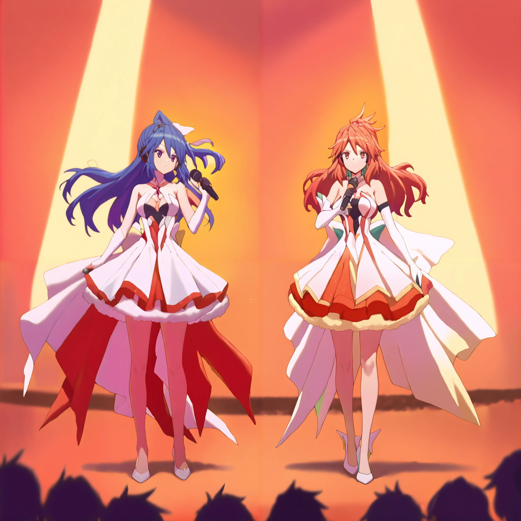((( 2 women)))、Zwei Wing、idol、2 people lined up、((sings with a microphone、dance))、colorful spotlight、Shining Sweat、Kanade Amou,kazanari tsubasa、symphogear、戦姫絶唱symphogia、zweiwing、Tian Yuzou、(Fengmingyi)、dress, (zweiwing dress:1.8)、dynamic angle、live,Live venue,(masterpiece:1.4), (best quality), (ultra detailed), (8k, 4K, intricate), (highly detailed:1.2),((highly detailed)),cinematic lighting,symphogia,symphogear,戦姫絶唱symphogia,official artview,