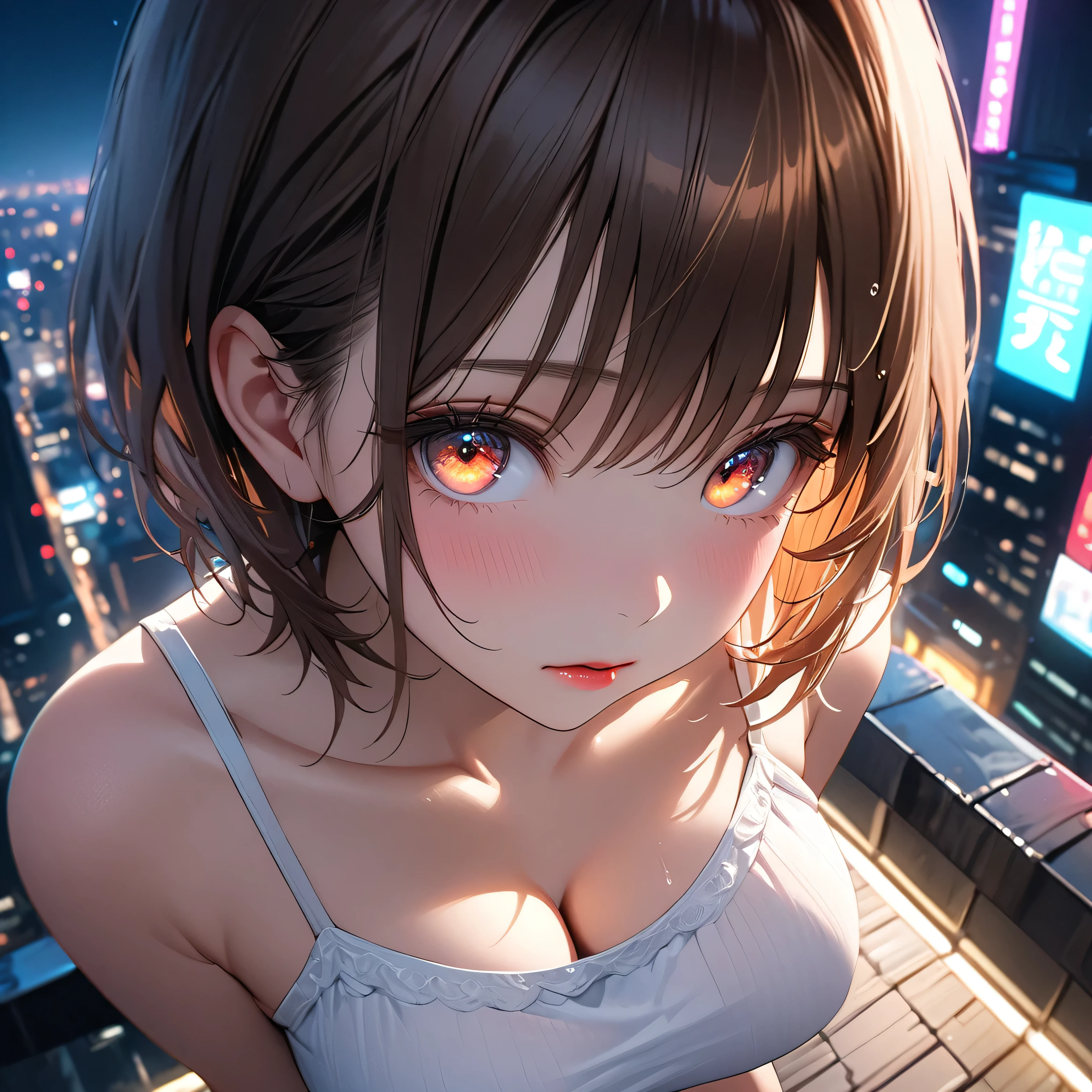best quality.high resolution.1girl,23yo. bob cut, brown hair, brown eyes, bedroom pajamas, night, night view ..flat chest
