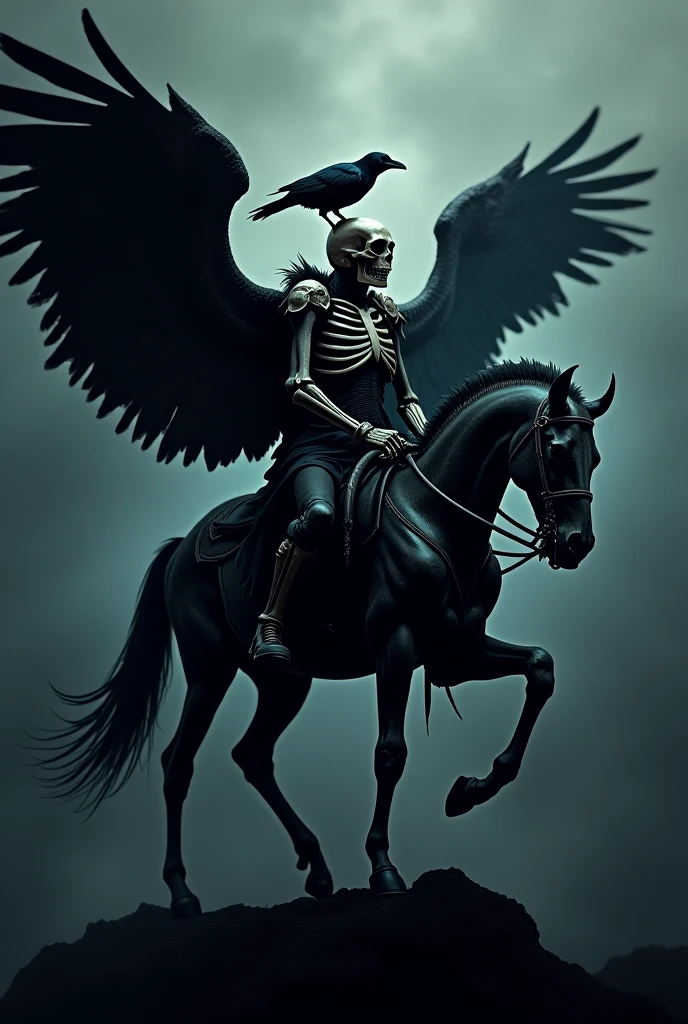 Skeleton Angel of Death, Riding a black horse, Hold and chew,A flock of crows followed., Highly detailed, dark fantasy, complex gothic elements, Mood swings, incredible light, muted color palette, movie elements, Masterpiece, realistic, There are too many details., chiaroscuro light, Stunning shadow, Dark and Moody, ominous, Premonition, Creepy, haunt