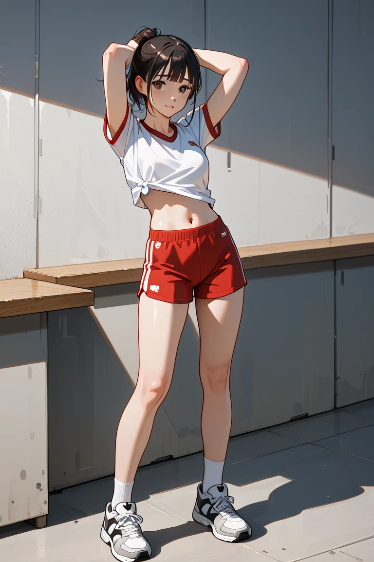 Natsu Ayuhara short hair,1girl, (solo),(m legs), (spread legs), (masterpiece:1.2),red jacket, ((short red high leg buruma)),((cameltoue)),(coverd_nipples),Masturbation, shoot from below,bandages, knee pads, sneakers,volleyball court,Rival schools,