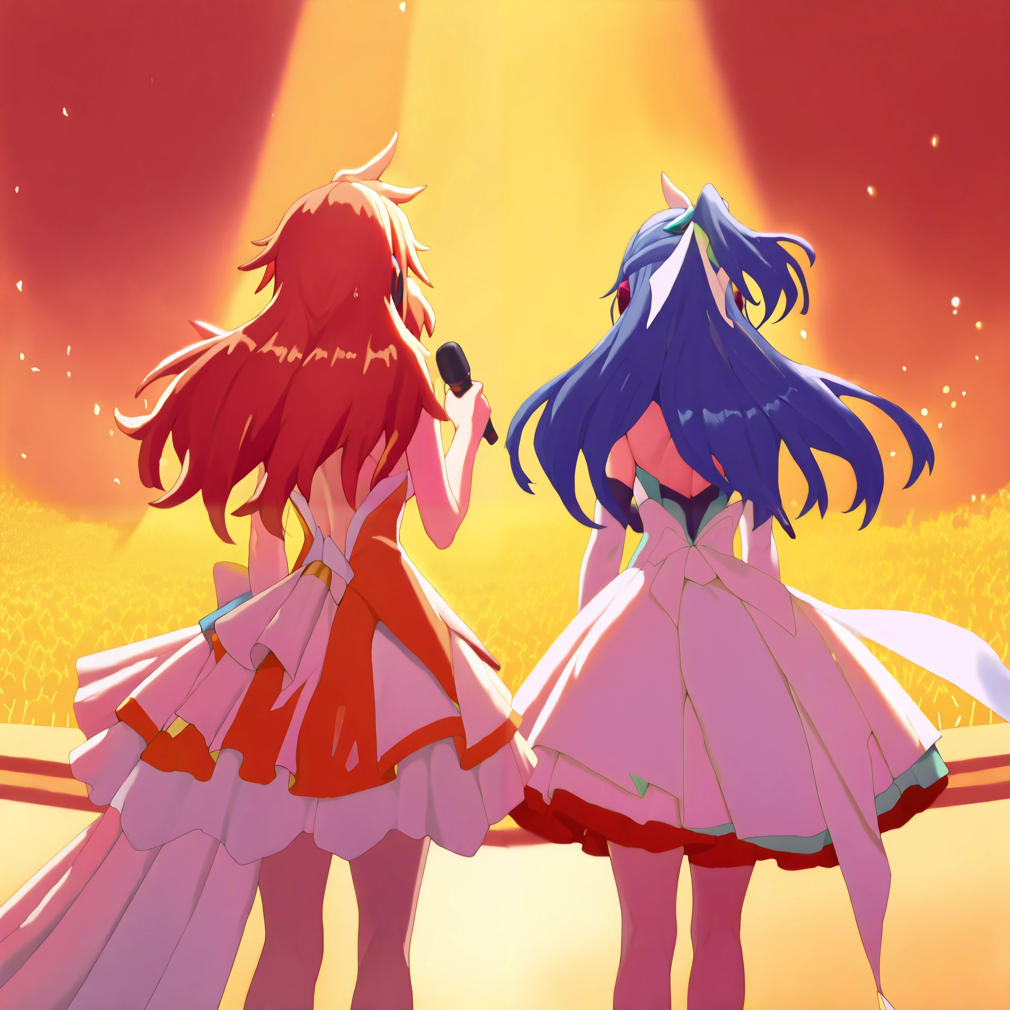 ((( 2 women)))、Zwei Wing、idol、2 people lined up、((sings with a microphone、dance))、colorful spotlight、Shining Sweat、Kanade Amou,kazanari tsubasa、symphogear、戦姫絶唱symphogia、zweiwing、Tian Yuzou、(Fengmingyi)、dress, (zweiwing dress:1.8)、dynamic angle、live,Live venue,(masterpiece:1.4), (best quality), (ultra detailed), (8k, 4K, intricate), (highly detailed:1.2),((highly detailed)),cinematic lighting,symphogia,symphogear,戦姫絶唱symphogia,official artview,