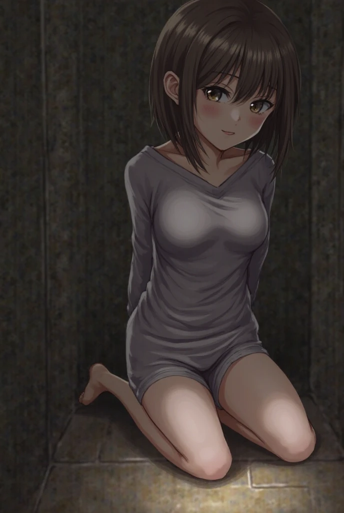 a beautiful young woman with brown hair and bangs, wearing a grey cardigan and socks, with a slim figure and flat chest, posing seductively against a heart-patterned background, highly detailed, photorealistic, 8k, masterpiece,(nsfwnude),(nsfw,masturbation),(nsfw,pussyjuice)