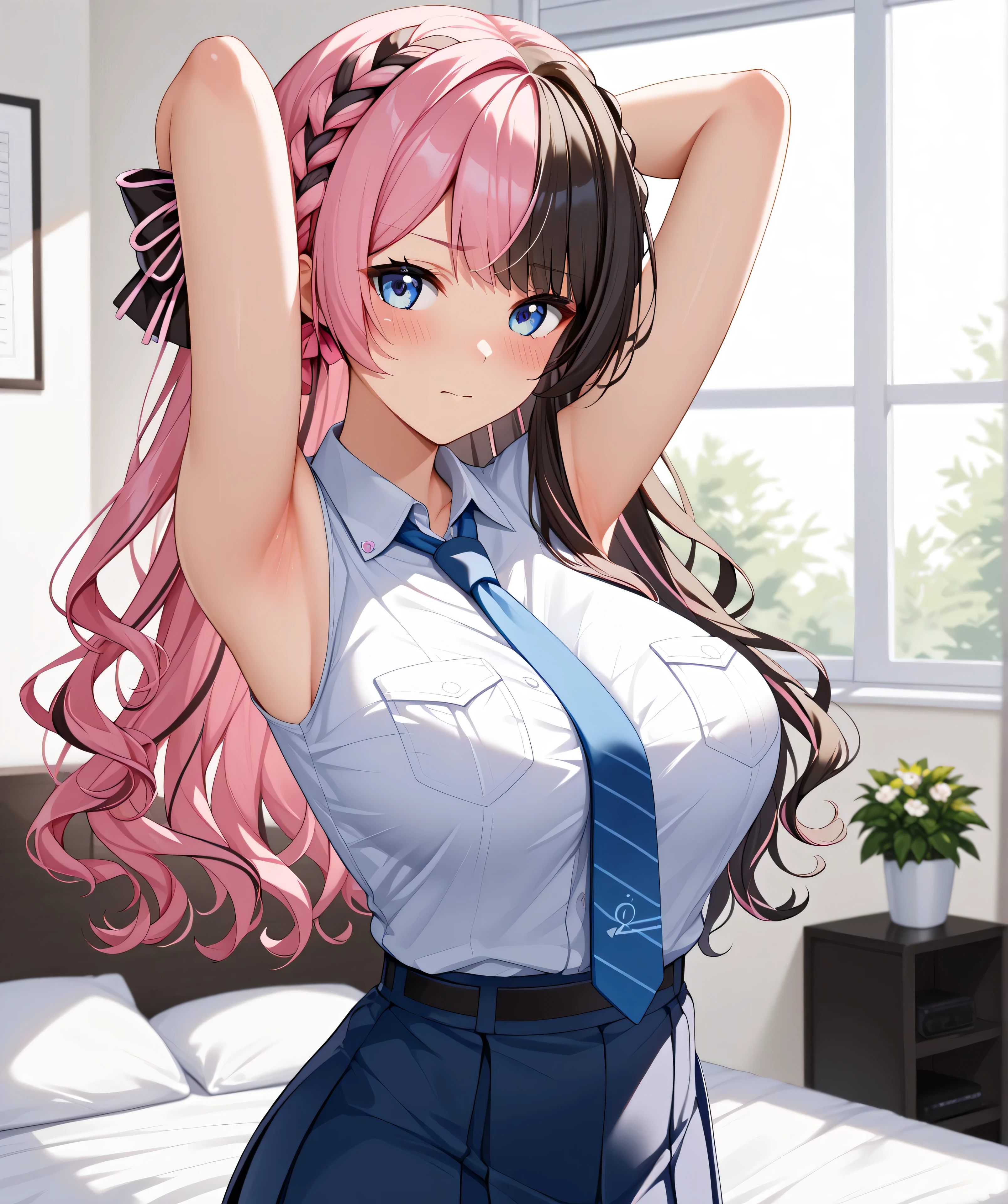 master piece,Best Quality,Super detailed,High resolution,Extremely detailed CG,Unity 8K Wallpaper,weat,score_9, score_8_up, score_7_up, score_6_up, score_5_up, score_4_up, source_anime,TachibanaHinano,blue eyes, two-tone hair, long hair, french braid, hair bow、HinanoBase, (two-tone hair), long hair, french braid, hair bow,mature female,professional quality, nsfw、large breasts 、bed room,panties、embarrassed、school uniform、nsfw, ,big butt,arms behind back,arm support、arms behind head、armpit focus、Blue Neckties