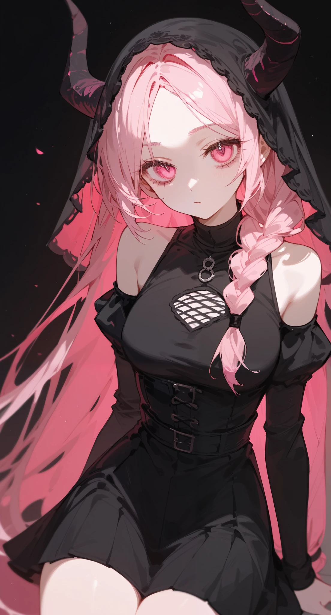 girl, Pink Hair,long hair, ghoul eyes, Black Skirt Set,black veil shoulders,In pink eyes ,cute,medium breasts,I braided my hair,braided bangs, black-horned, one-sided ,Emotionless,In The Naked Eye,milf, Tomboy 
