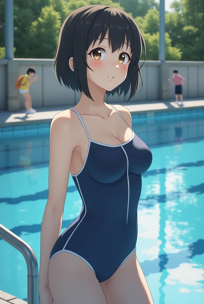 Highest quality、Complete limbs、Full Finger、Black-haired woman、Woman with ponytail、Short Hair Woman、Beautiful busty woman:1.5、(A woman wearing a navy blue one-piece school swimsuit:1.5)、bare hands、barefoot、Sexy pose,rubber school swimsuit,pool