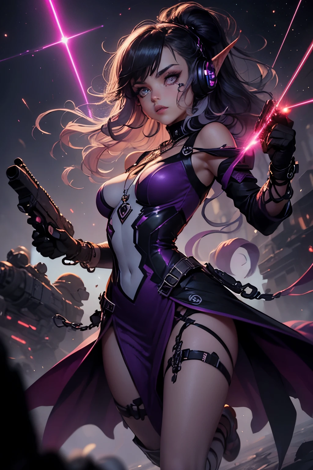 (Ultra-detailed face, Looking away, Gothic Illustration, Dark tone colors. Near future space city background with glowing lines.), BREAK
((A female dark elf assault soldier holds up a laser gun and shoots.:1.5) She is running with her back turned, her body twisted, her body in a lowered position. She shoots the laser gun with both hands. She draws a myriad of curved lasers.), BREAK
(She has pink and black hair with dark gray eyebrows, cropped at her shoulders, small pink lips, neon lavender eyes, dark purple skin, long eyelashes, and thick eyeliner.), (She wears a necklace with multiple layers of light furred charms, connected by several fiber optics to the overhead drone and headset, and a jet black futuristically embellished lace up dress with a deep red lace ruffle. She wears sandals with small gears and woven fiber optics.)