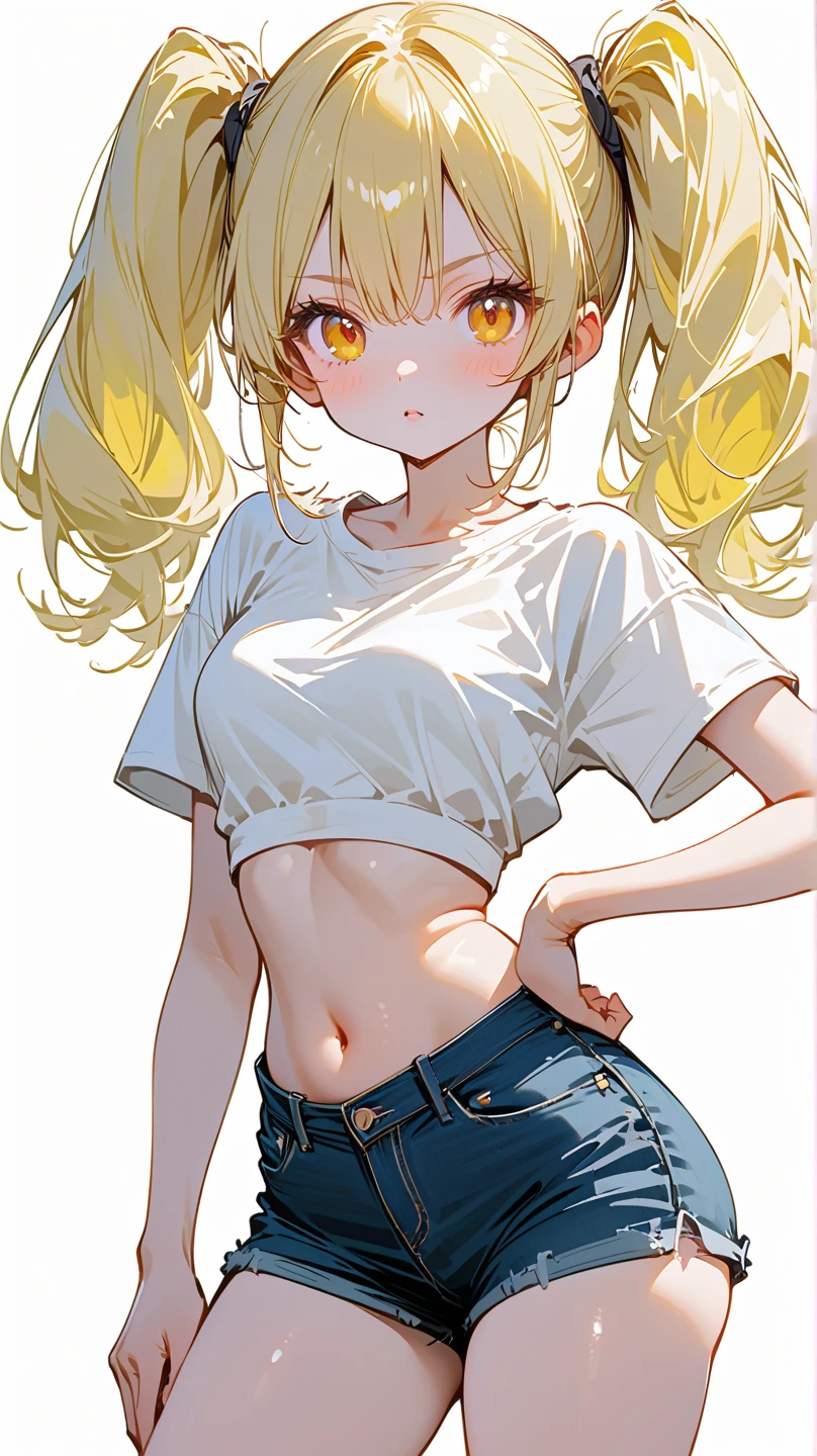 blonde woman not so long hair, with fashionable black sunglasses, with a long-sleeved shirt, with her navel visible, with gray pants, makeup, lip