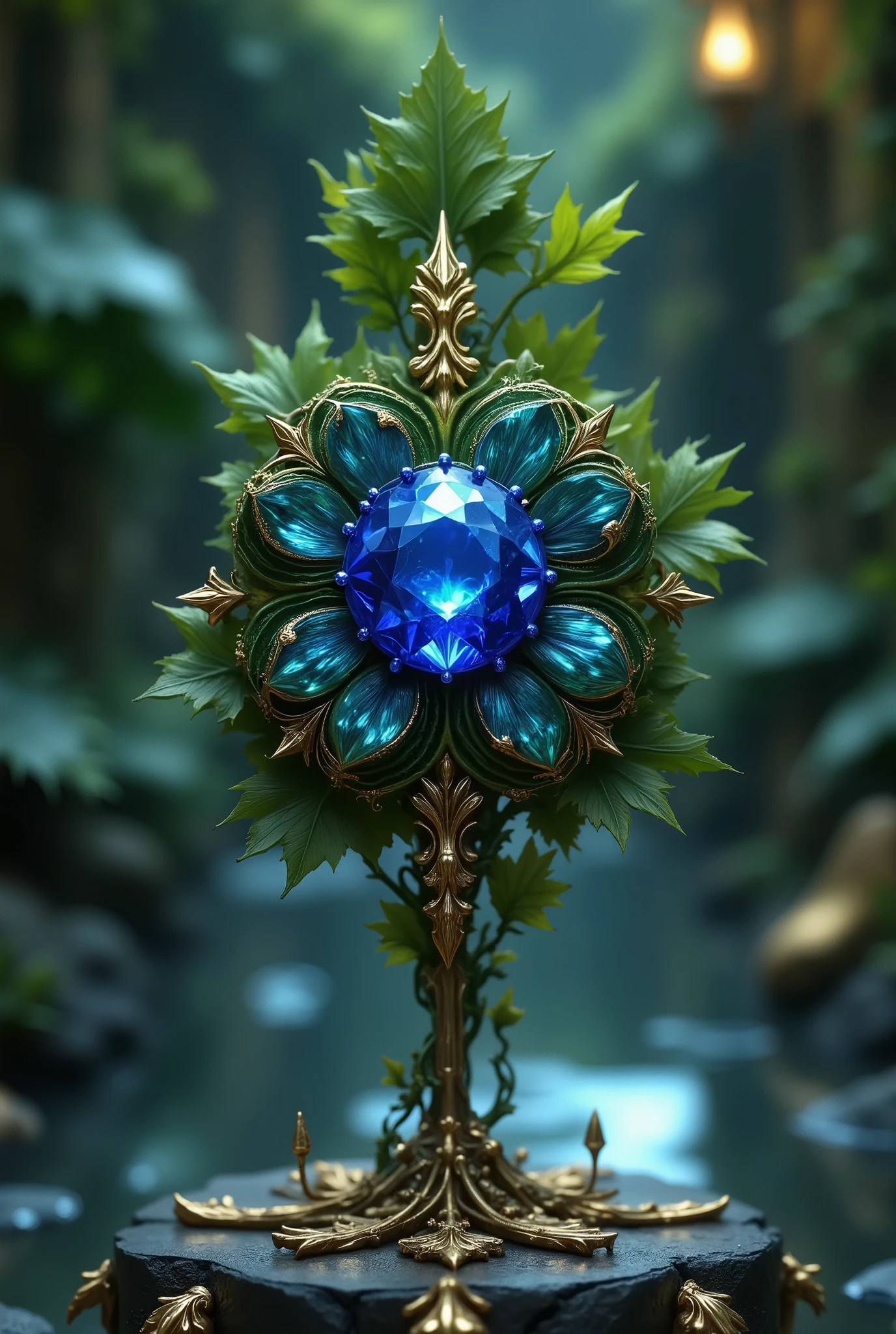 beautifully handcrafted, Beautiful Green Four leaf clover with zigzag patterned edging, The hairpin is small with a beautiful metal bezel, gold and black colors, beautiful piece, harmonious, small sapphire in the center, lies on a small stand, masterpiece, best quality, Hyperrealism, maximum details, 8k, high quality, Fantasy style, Fantasy, Masterwork,