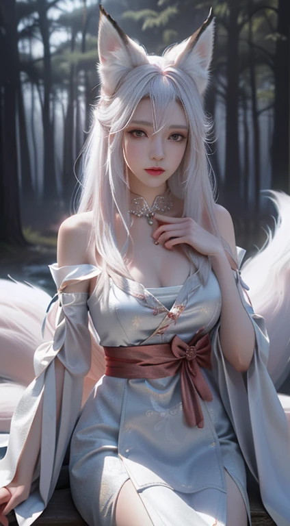 Fox ears white hair girl,full bodyesbian,Painting of a fox with white hair sitting on a branch,ethereal fox,nine tail fox,Fox three-tailed fox,Onmyoji detailed art,Nine tails,A beautiful artwork illustration,mythological creatures,red fox,Combat posture,Beautiful digital artwork,Exquisite digital illustration,mizutsune , Inspired by the mythical creature wildnet,Digital art on Pixiv,strong lights,hight contrast,Horror movie theme,Dark atmosphere