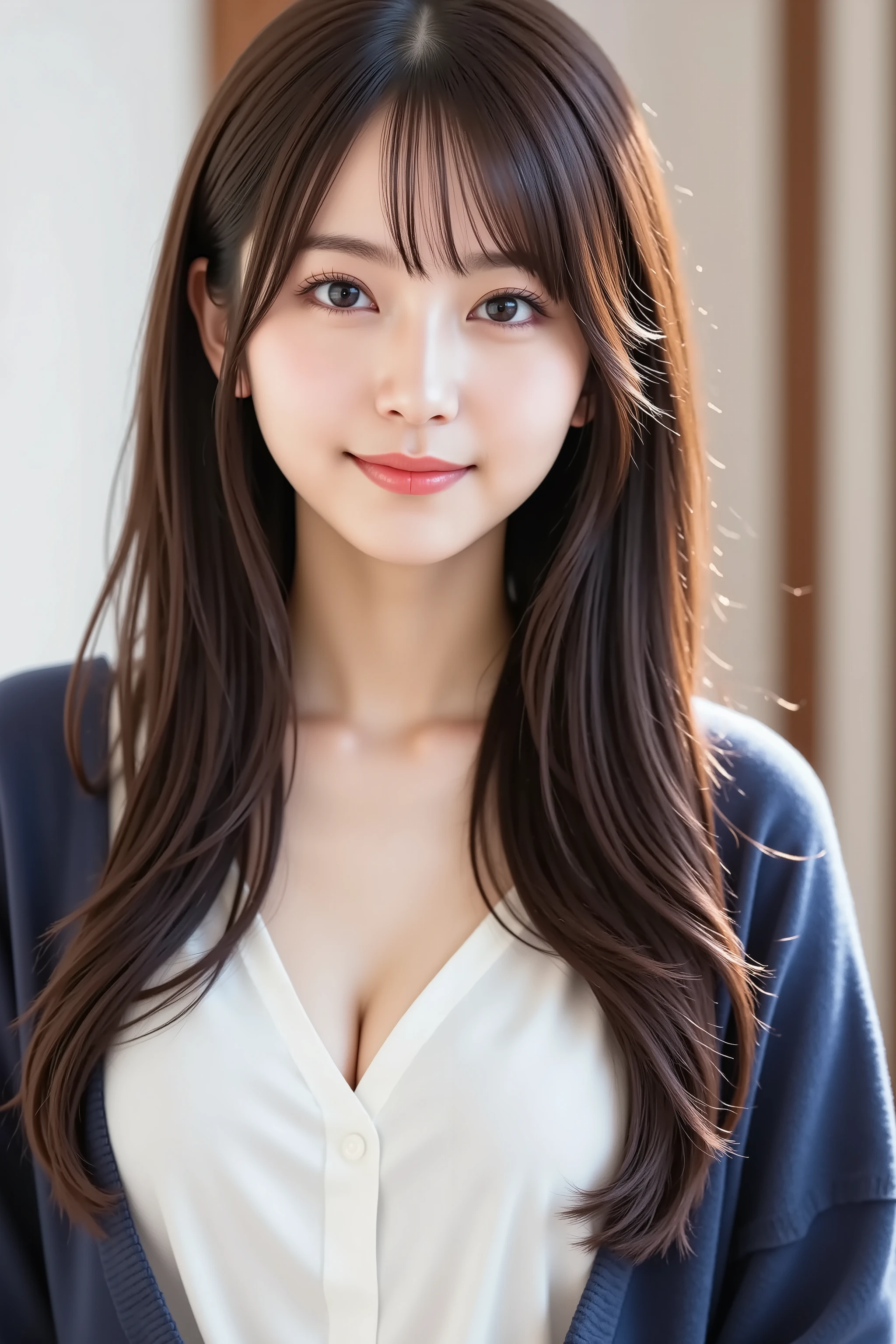 The face is positioned exactly in the center of the image , , the entire head is fully reflected , Face clearly visible、white blouse with collar and navy jacket, Women's Room Background , long hair、bungs, smile, young and cute japanese face , OFFICIAL ART, high image quality CG Unity 8k wallpaper,Ultra high image quality , is very well detailed, high image quality , film grain , Lens Flare Glow , top quality ,8k, The entire head is fully reflected as a portrait shot ,8k, viewer , masterpiece,top quality ,is very well detailed, it's cute ,sexy,is very well detailedな,detailware features ,beautiful, illustration , beautiful Japanese woman, ladies 1 , Tight Chest
