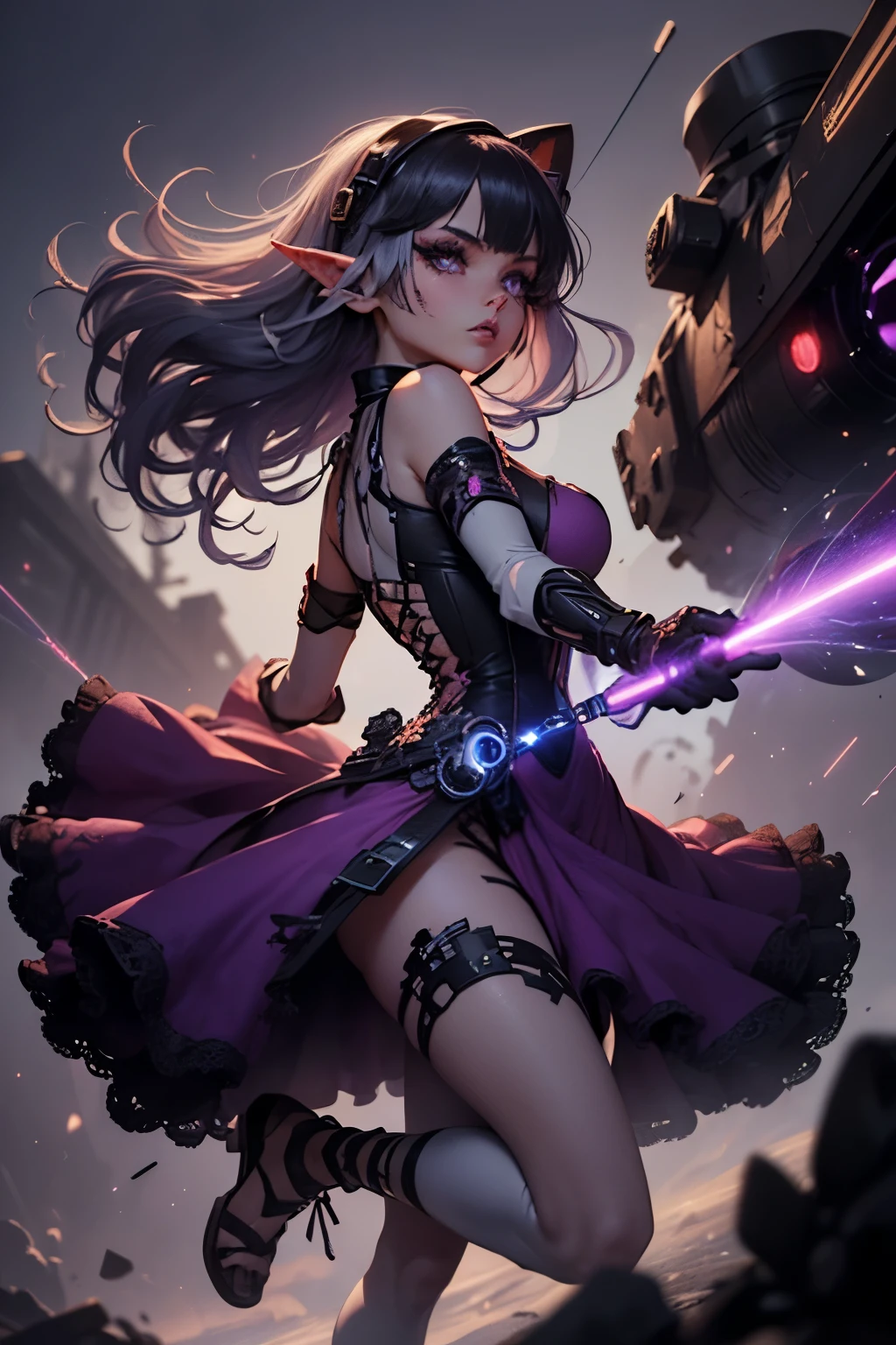 (Ultra-detailed face, Looking away, Gothic Illustration, Dark tone colors. Near future space city background with glowing lines.), BREAK ((A dark elf female assault soldier shoots a laser cannon with both hands.:1.3) She is running with her back turned, her body twisted, her body in a lowered position. She shoots the laser gun with both hands. She draws a myriad of curved lasers.), BREAK (She has pink and black hair, dark gray eyebrows, cropped at her shoulders, small pink lips, lavender eyes, dark purple skin, long eyelashes, and thick eyeliner.), (She wears a necklace with multiple layers of light furred charms, connected by several fiber optics to the overhead drone and headset, and a jet black futuristically embellished lace up dress with a deep red lace ruffle. She wears sandals with small gears and woven fiber optics.)