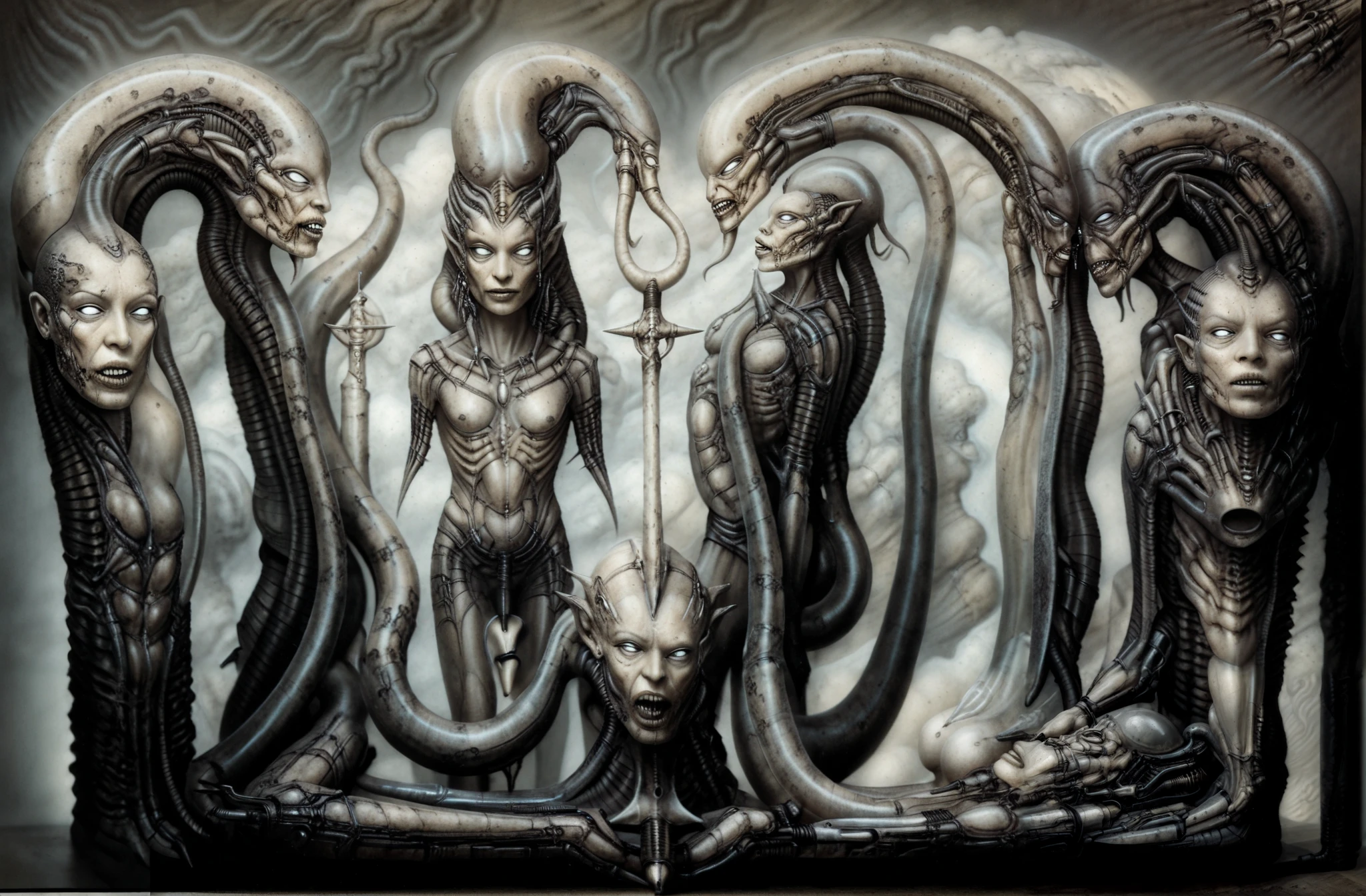 line drawing, showcasing medusa crown of snakes, snake crown, Stone Subjects: Statues of warriors turned to stone by Medusa’s gaze, bowing before her. expressive cross hatch animated 90s style ink figures, unfinished sketch,