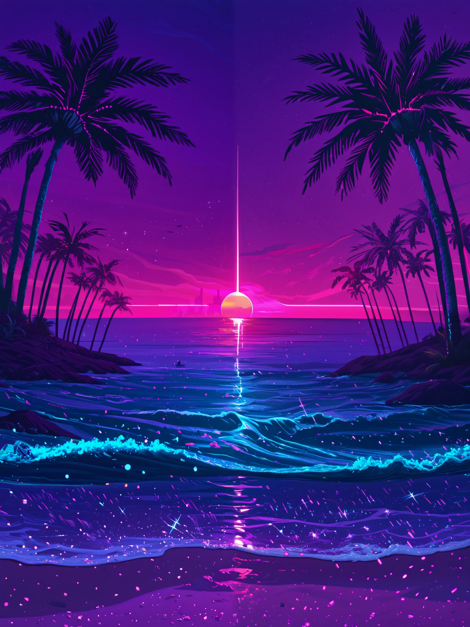 Retro_neon,Retro neon, futuristic beach, Sparkling shoreline , neon-lit waves, Vivid Sunset, pink and purple sky, synthwave aesthetics, 80s nostalgia, digital horizon, Palm tree silhouette, vibrant blue ocean, vaporwave vibe, soft glowing sand, neon reflections on water, distant neon city skyline, cyber sunset, Surrounding glow, relaxing atmosphere, dreamy landscape , futuristic paradise, warm neon hues, deep purple and blue, Surreal Lighting, gentle sea breeze, Quiet yet Exciting Atmosphere.