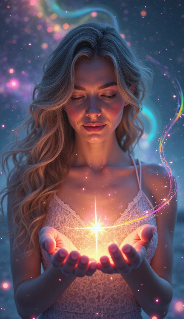 Create a stunning portrait of an ethereal young woman surrounded by a mesmerizing display of magical elements. The woman should have delicate features, with luminous skin that seems to glow from within. Her eyes should sparkle with an otherworldly light, reflecting the magic around her. Her hair should flow gracefully, perhaps with subtle magical highlights or a soft shimmer. Encompassing the woman, create a breathtaking aura of fantastical sparkles and magical dust. These elements should vary in size and intensity, from tiny glimmering specks to larger, more prominent magical particles. The sparkles should have a range of colors, predominantly soft golds, silvers, and iridescent hues that complement the overall color scheme. Integrate floating, gradient atmospheric particles throughout the image. These should be well-illuminated, creating a sense of depth and dimension. The particles could range from soft, misty orbs to more defined, geometric shapes, all contributing to the magical atmosphere. Use a variety of colors for these particles, ensuring they blend harmoniously with the sparkles and the overall composition. The lighting should be soft yet dramatic, with key light sources that highlight the woman's features and the magical elements around her. Consider incorporating rim lighting to create a magical glow around her silhouette. The overall illumination should enhance the fantastical nature of the scene, perhaps with gentle light rays or a soft, ethereal glow permeating the entire image. Ensure the image has high saturation to bring out the vibrancy of the magical elements and the woman's features. The contrast should be well-balanced, creating depth and dimension without overpowering the softer, magical elements. This will help to make the sparkles and particles stand out against the background while still maintaining a cohesive and enchanting overall look. The background should be subtle yet mystical, perhaps featuring a soft gradient or a blurred magical l